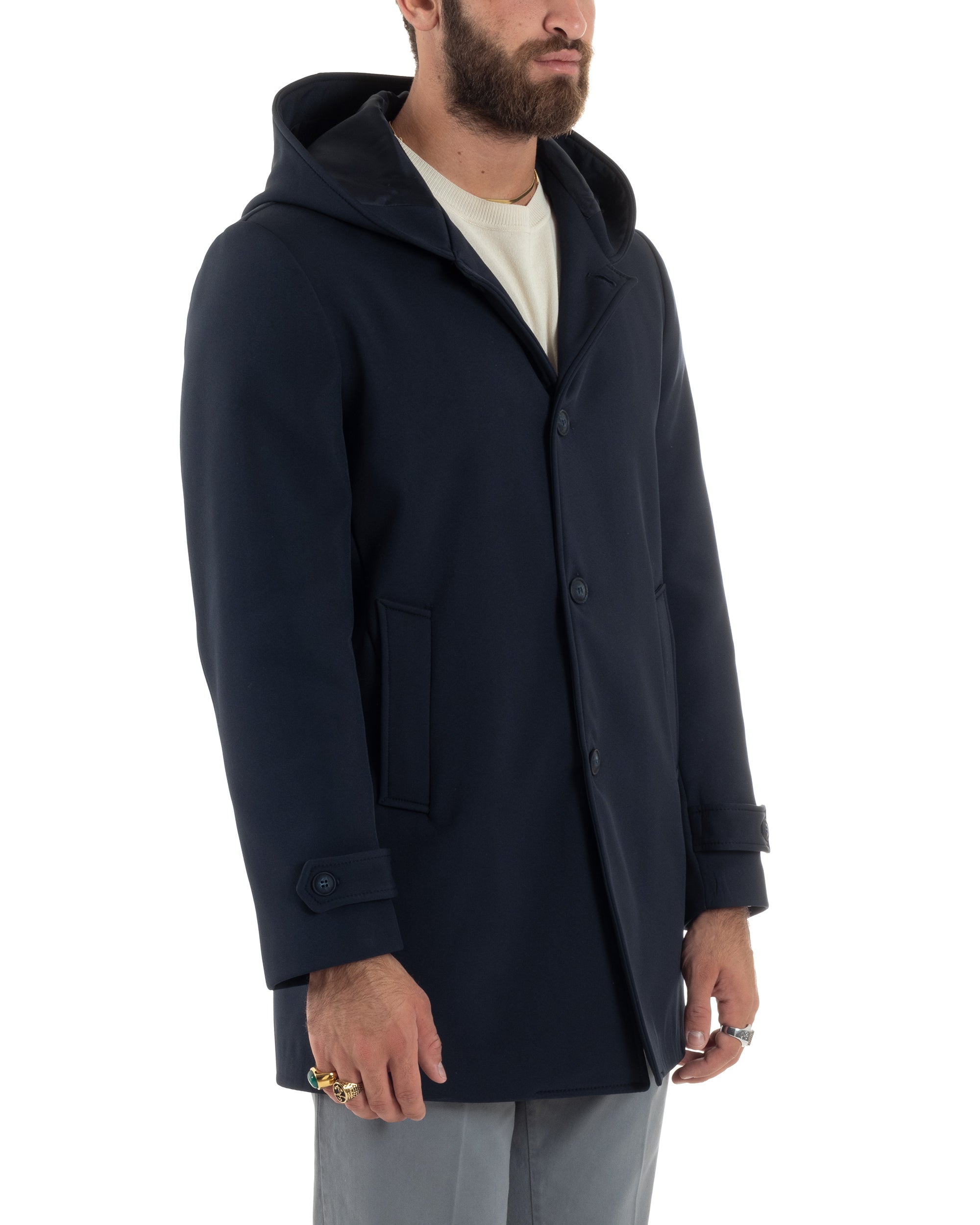 Men's Waterproof Trench Jacket Technical Fabric Long Padded Jacket with Buttons Blue GIOSAL-G3090A