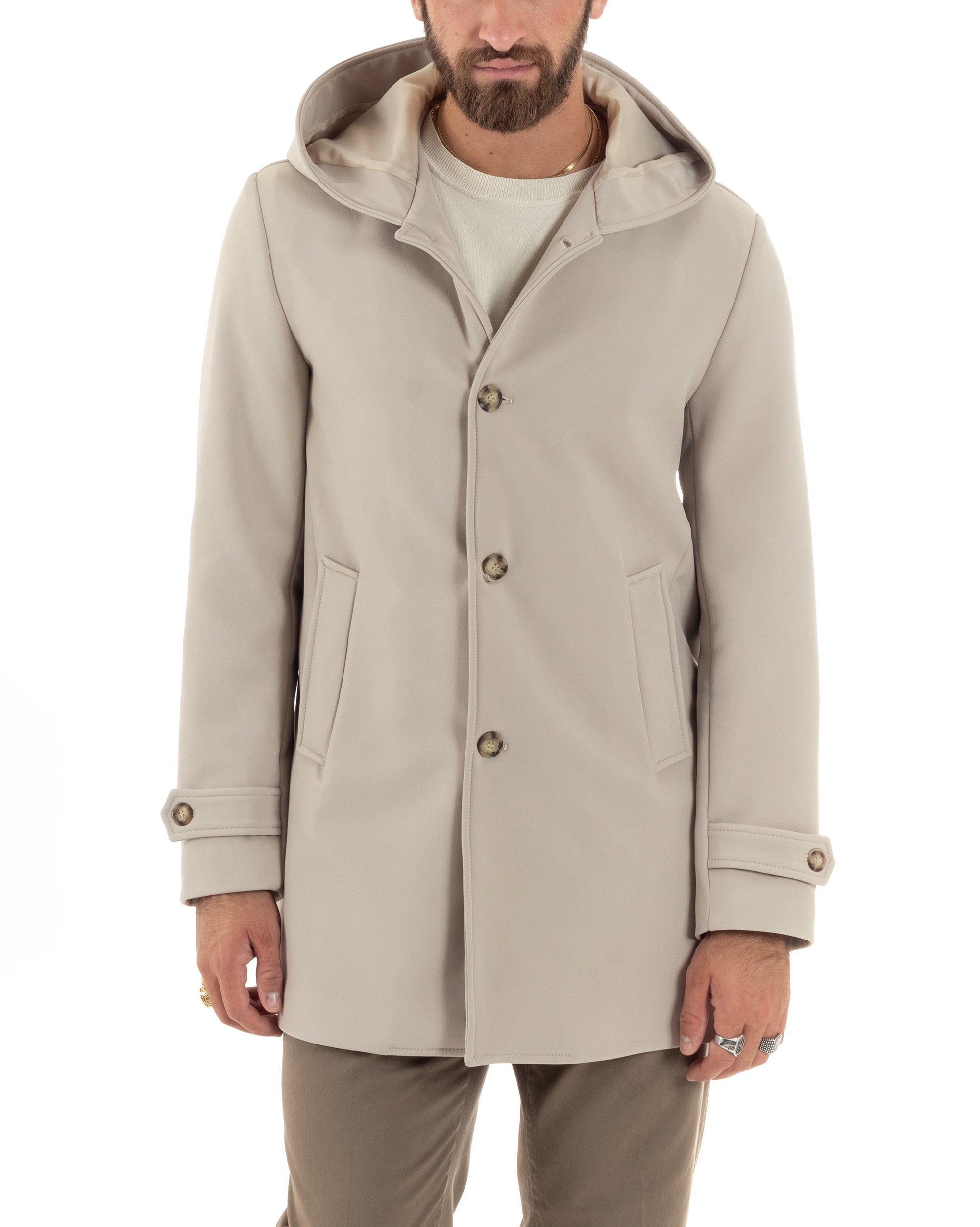 Giubbotto Uomo Con Cappuccio Trench Monopetto Tessuto Tecnico Impermeabile Giaccone Con Bottoni Imbottito Lungo Antivento Beige GIOSAL-G3236A