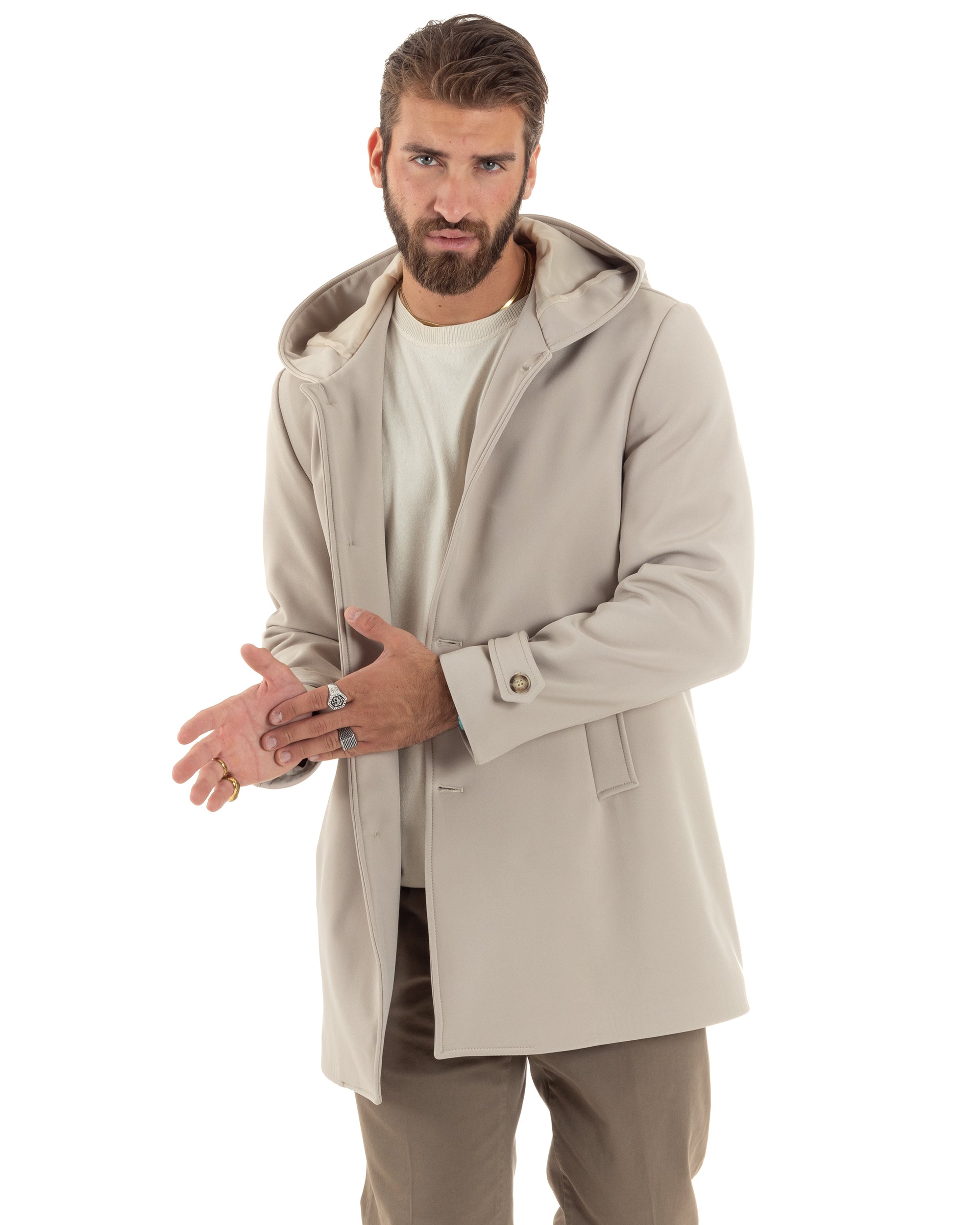 Giubbotto Uomo Con Cappuccio Trench Monopetto Tessuto Tecnico Impermeabile Giaccone Con Bottoni Imbottito Lungo Antivento Beige GIOSAL-G3236A