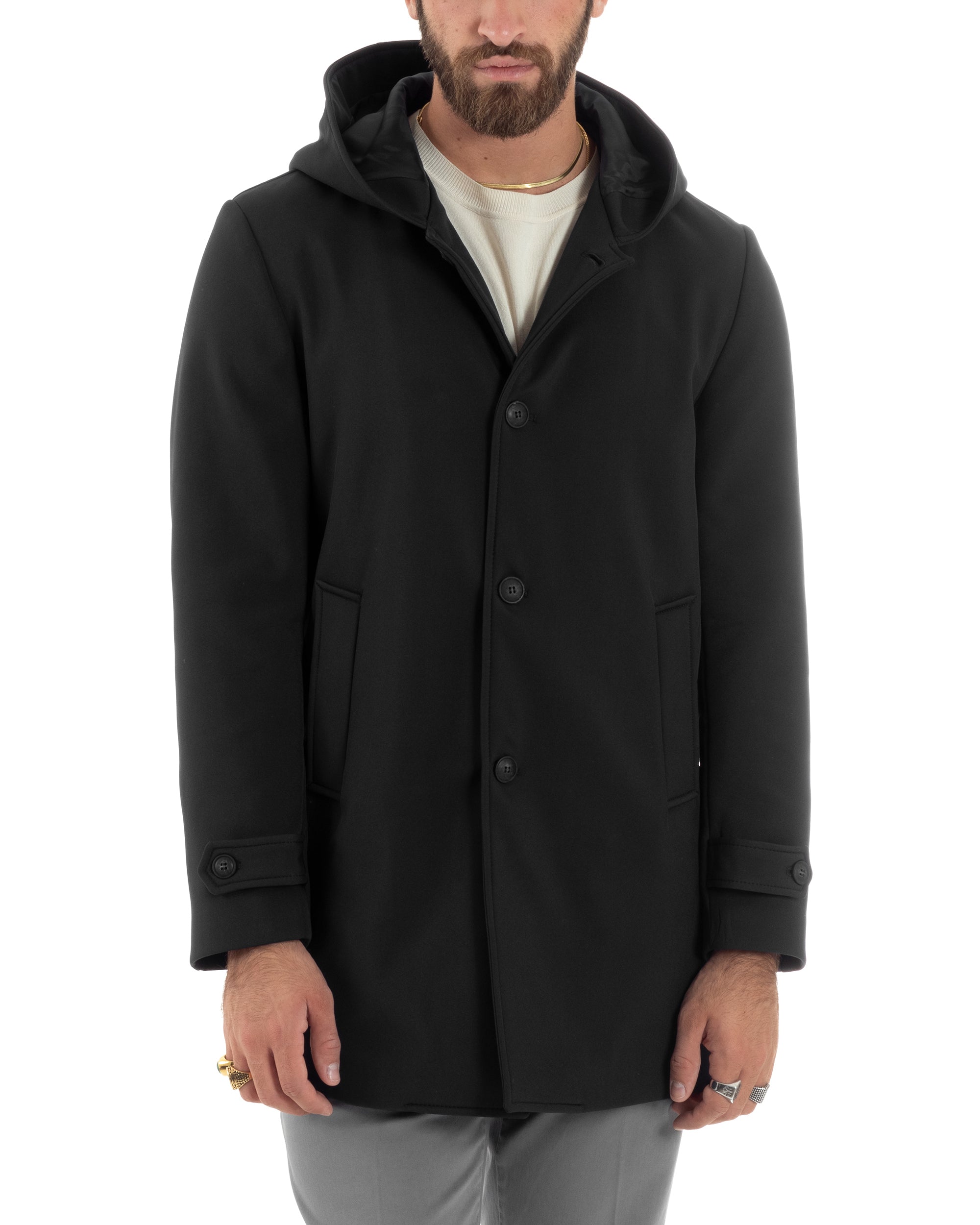 Giubbotto Uomo Con Cappuccio Trench Monopetto Tessuto Tecnico Impermeabile Giaccone Con Bottoni Imbottito Lungo Antivento Nero GIOSAL-G3237A