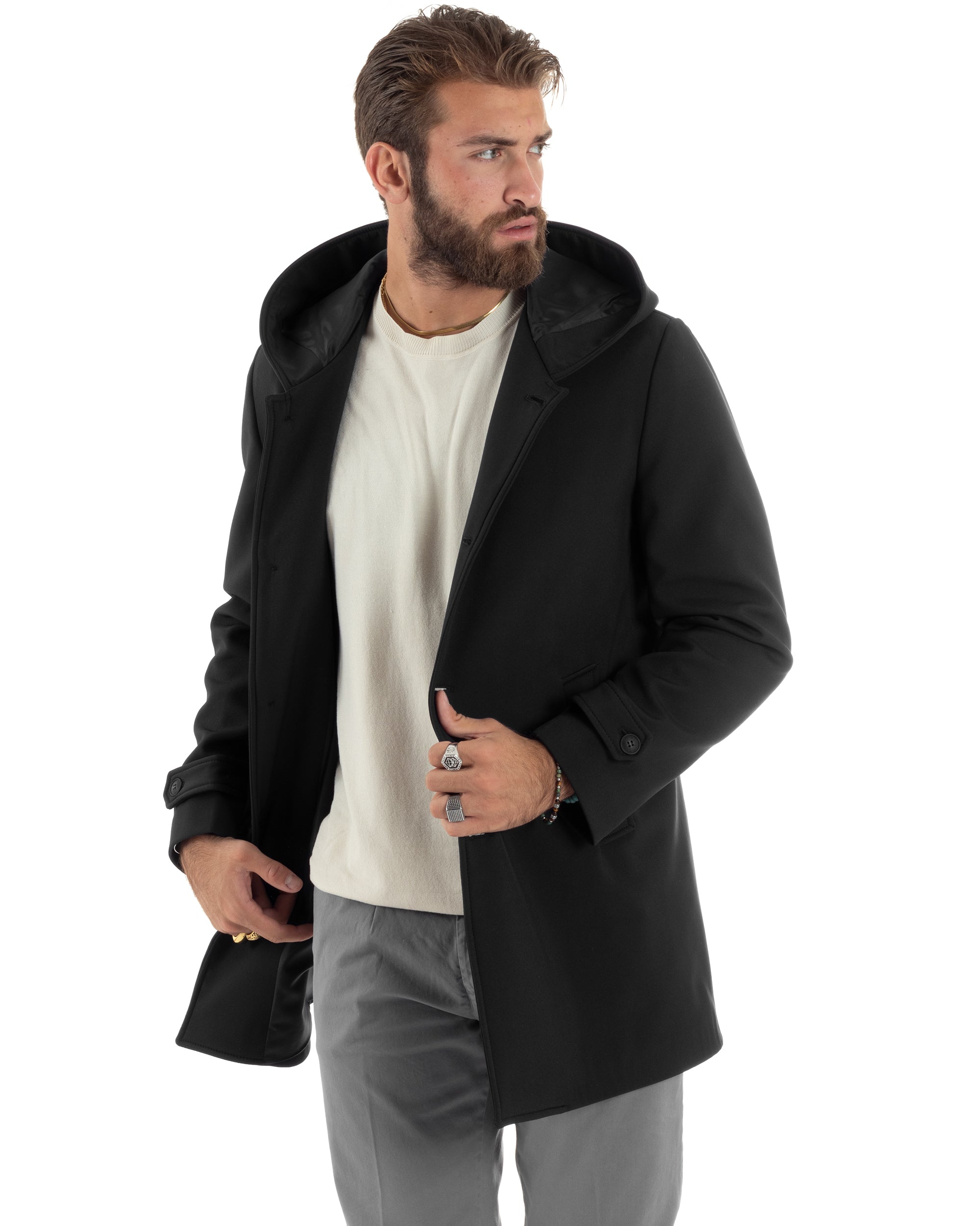 Giubbotto Uomo Con Cappuccio Trench Monopetto Tessuto Tecnico Impermeabile Giaccone Con Bottoni Imbottito Lungo Antivento Nero GIOSAL-G3237A