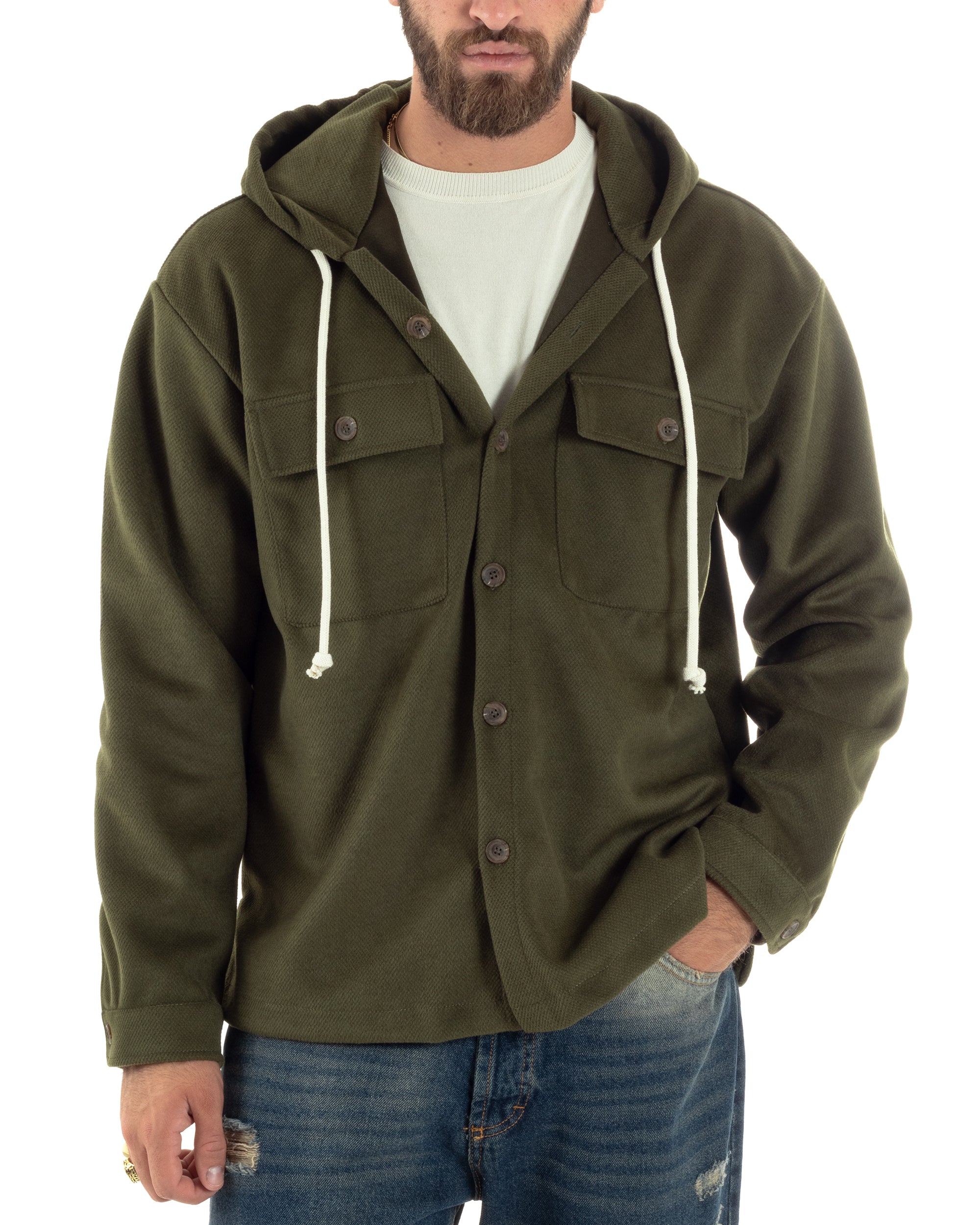 Giubbotto Uomo Con Cappuccio Camicione Overshirt Caldo Giacca Comoda Con Bottoni Casual Tinta Unita Verde Militare GIOSAL-G3238A