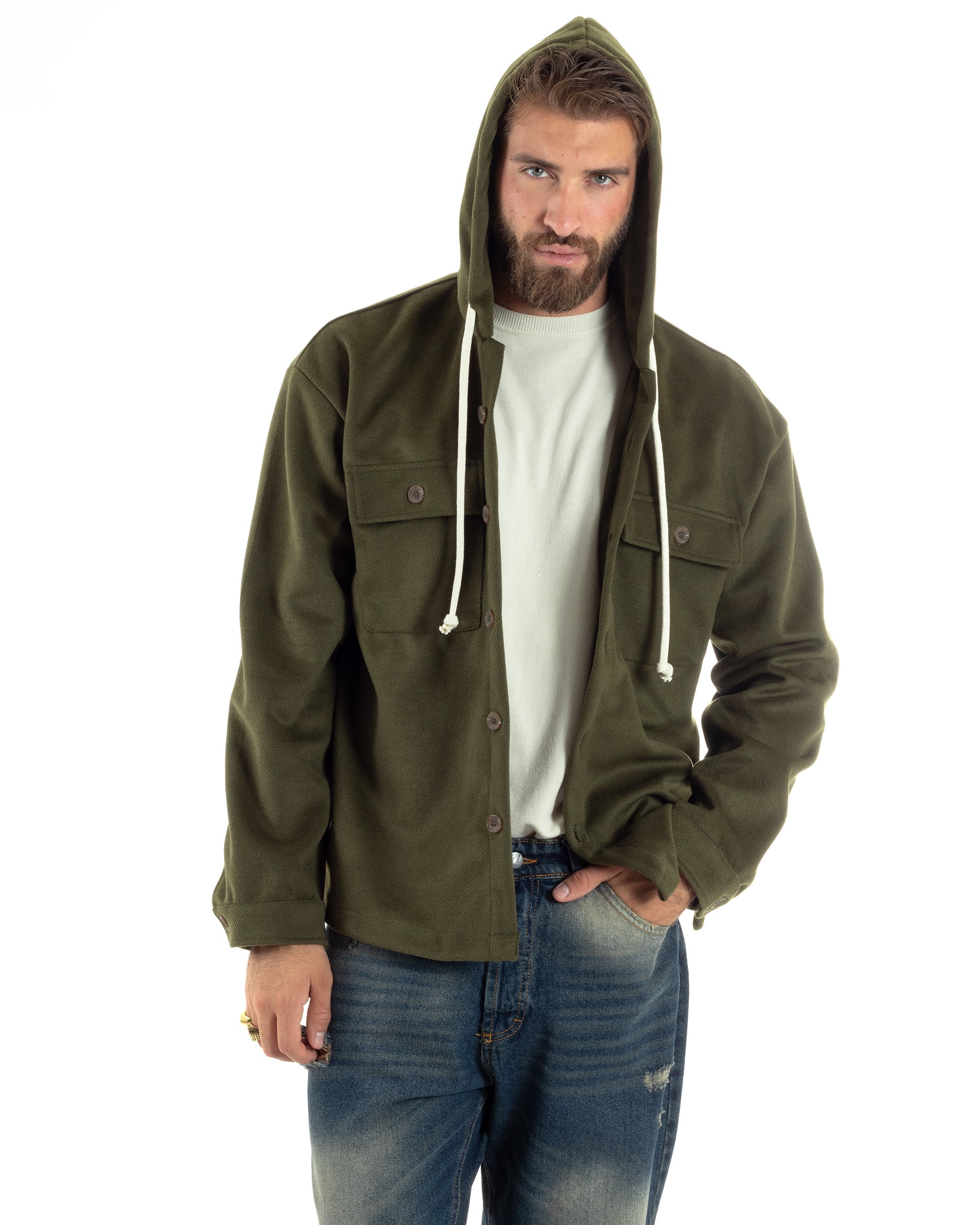 Giubbotto Uomo Con Cappuccio Camicione Overshirt Caldo Giacca Comoda Con Bottoni Casual Tinta Unita Verde Militare GIOSAL-G3238A