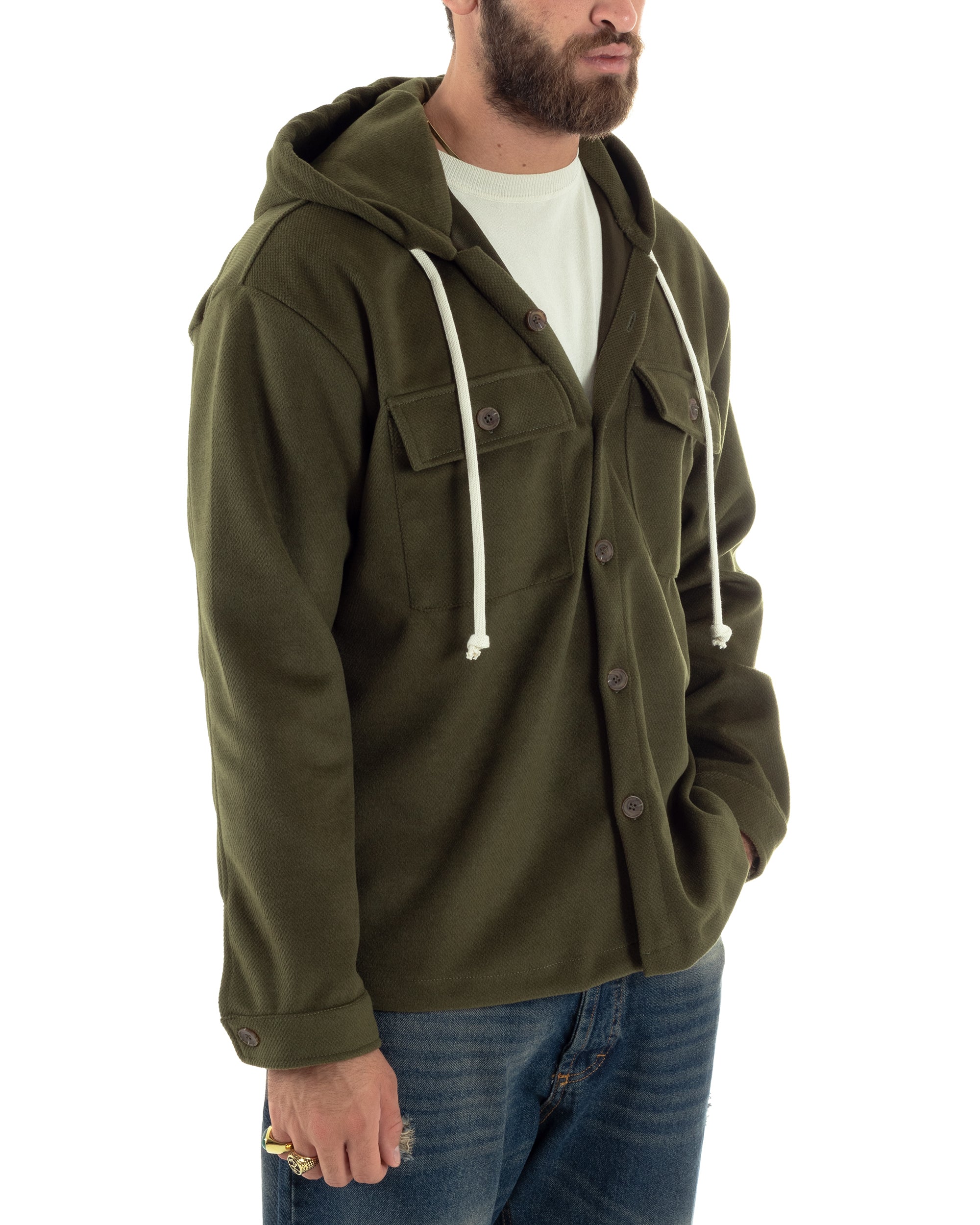 Giubbotto Uomo Con Cappuccio Camicione Overshirt Caldo Giacca Comoda Con Bottoni Casual Tinta Unita Verde Militare GIOSAL-G3238A