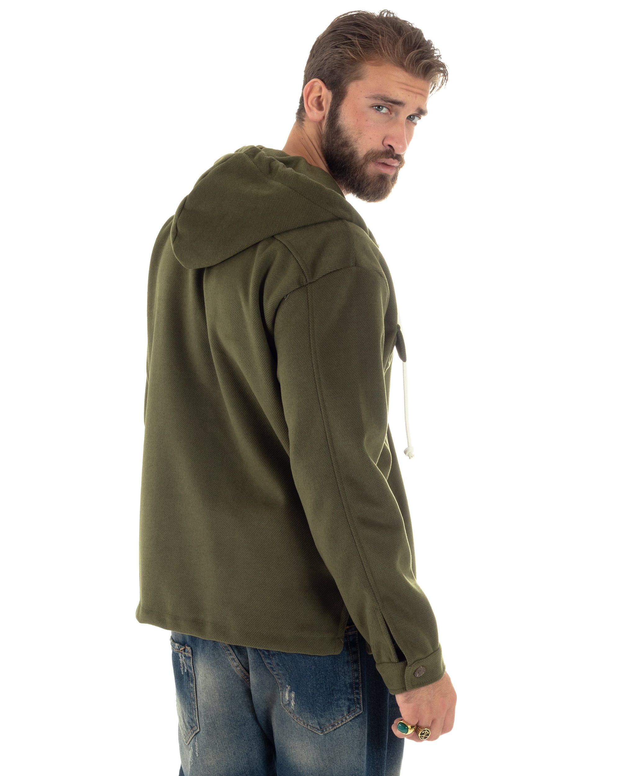 Giubbotto Uomo Con Cappuccio Camicione Overshirt Caldo Giacca Comoda Con Bottoni Casual Tinta Unita Verde Militare GIOSAL-G3238A