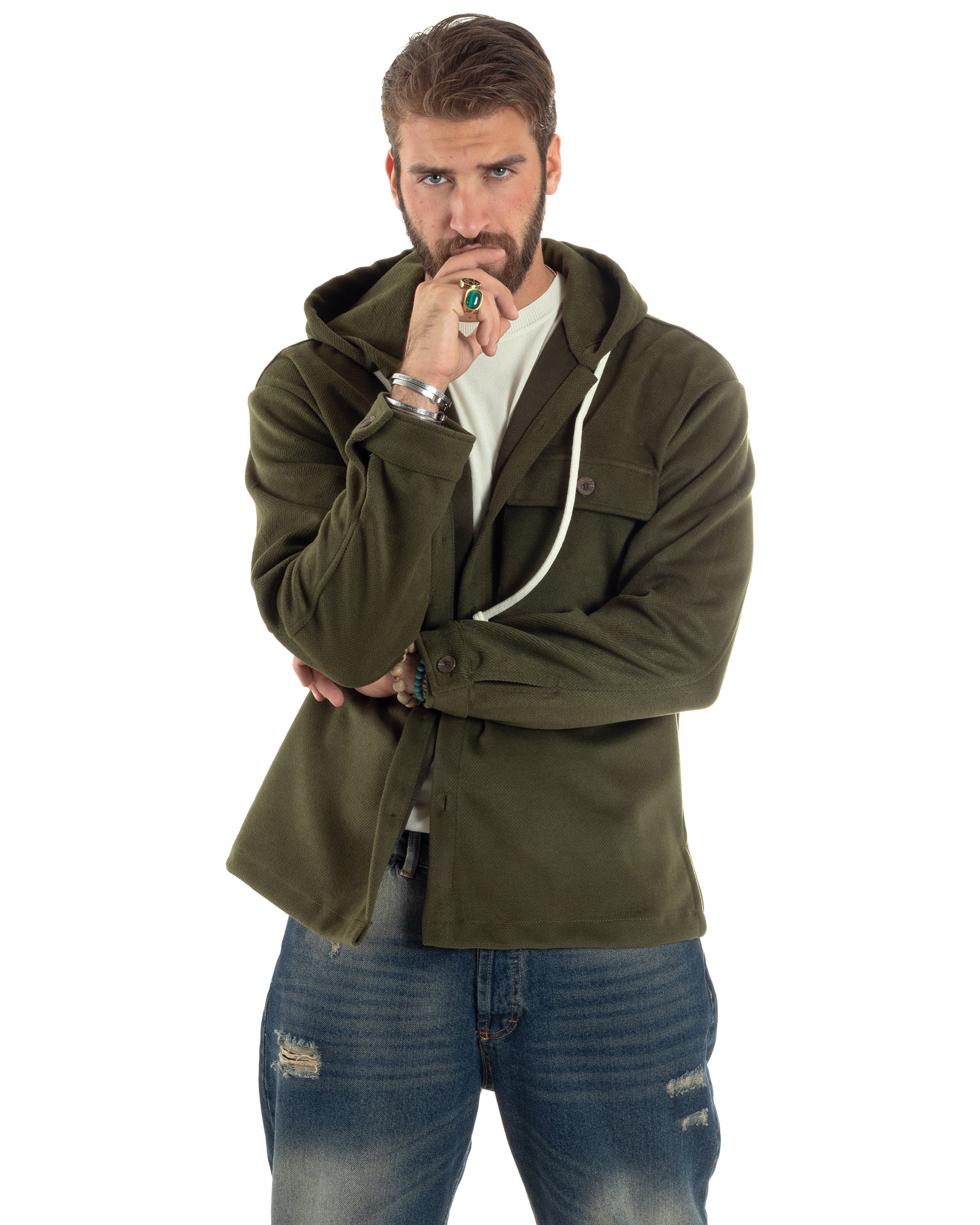 Giubbotto Uomo Con Cappuccio Camicione Overshirt Caldo Giacca Comoda Con Bottoni Casual Tinta Unita Verde Militare GIOSAL-G3238A