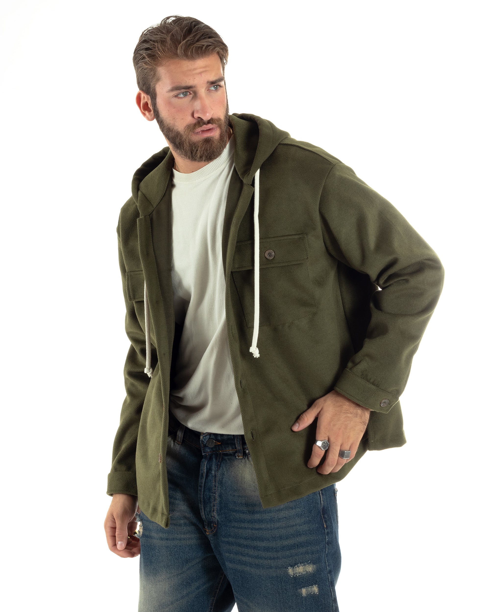 Giubbotto Uomo Con Cappuccio Camicione Overshirt Caldo Giacca Comoda Con Bottoni Casual Tinta Unita Verde Militare GIOSAL-G3238A