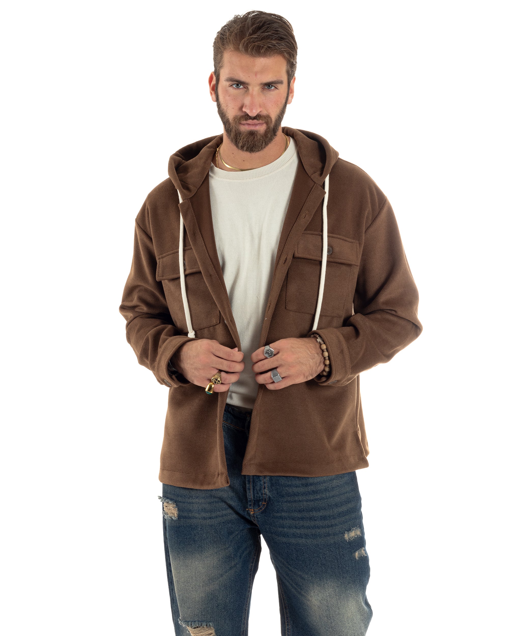 Giubbotto Uomo Con Cappuccio Camicione Overshirt Caldo Giacca Comoda Con Bottoni Casual Tinta Unita Marrone GIOSAL-G3240A