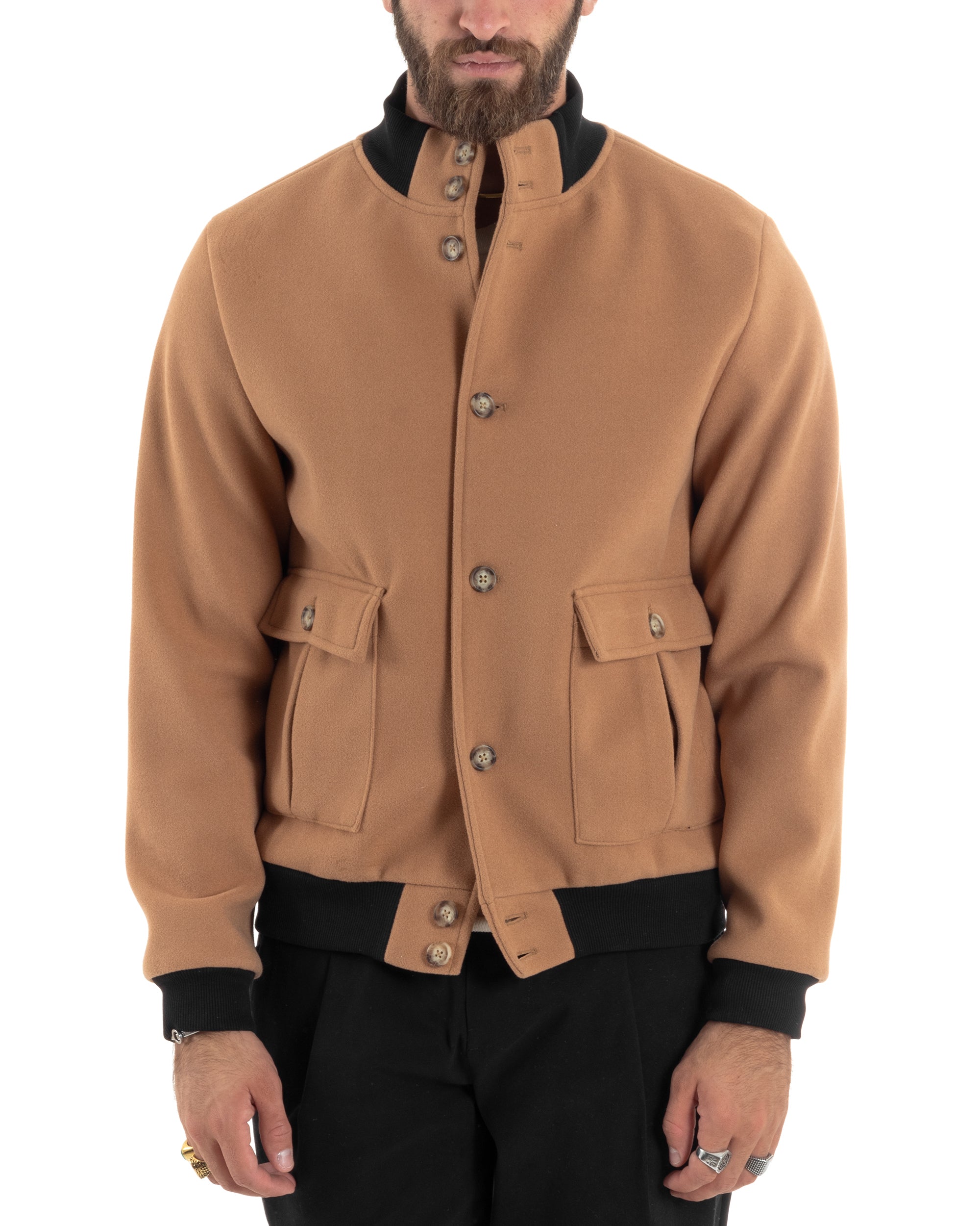 Giubbotto Uomo Tessuto Cappotto Bomber College In Panno Comodo Bicolore Giacca Calda Con Tasconi Casual Camel GIOSAL-G3244A