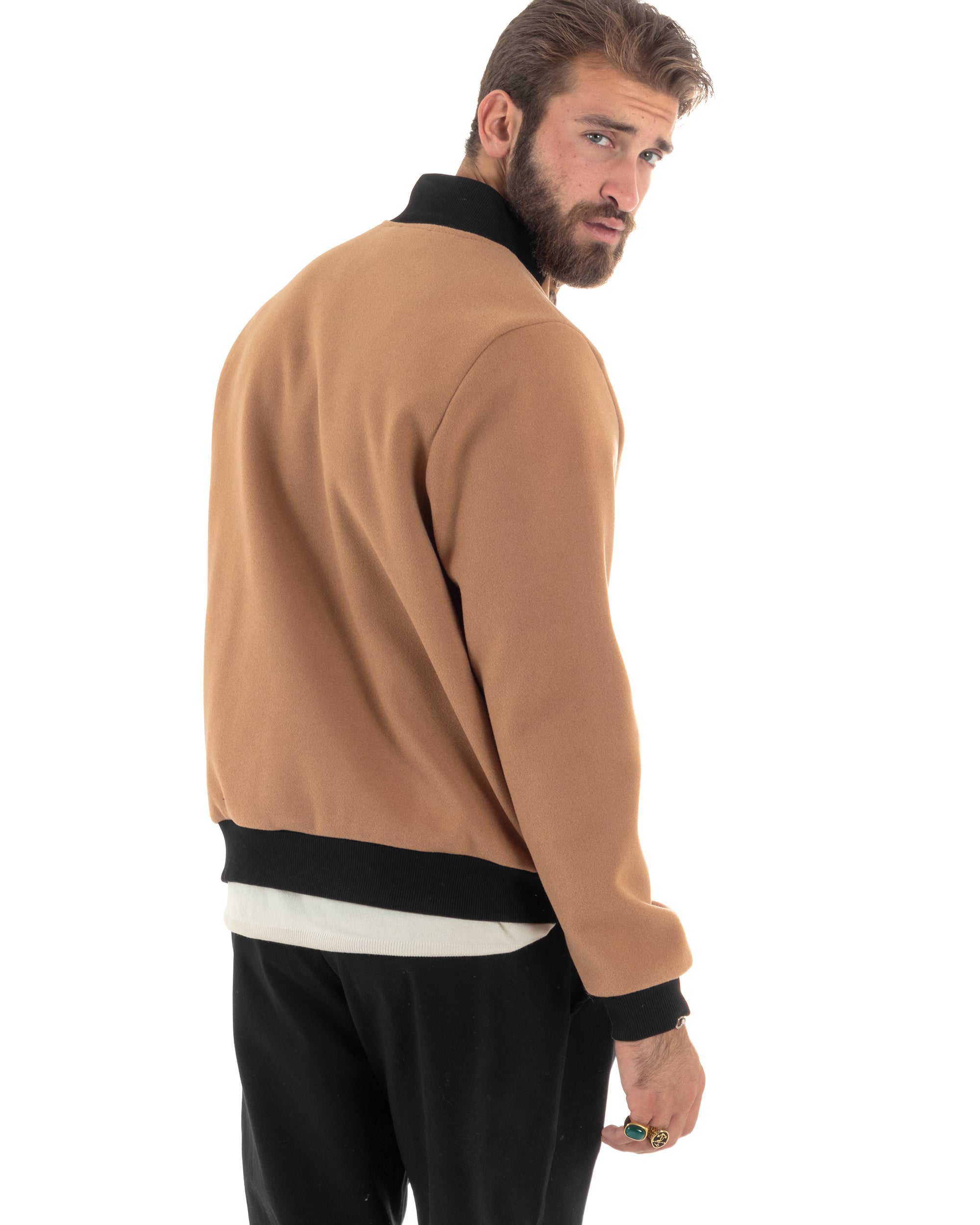 Giubbotto Uomo Tessuto Cappotto Bomber College In Panno Comodo Bicolore Giacca Calda Con Tasconi Casual Camel GIOSAL-G3244A