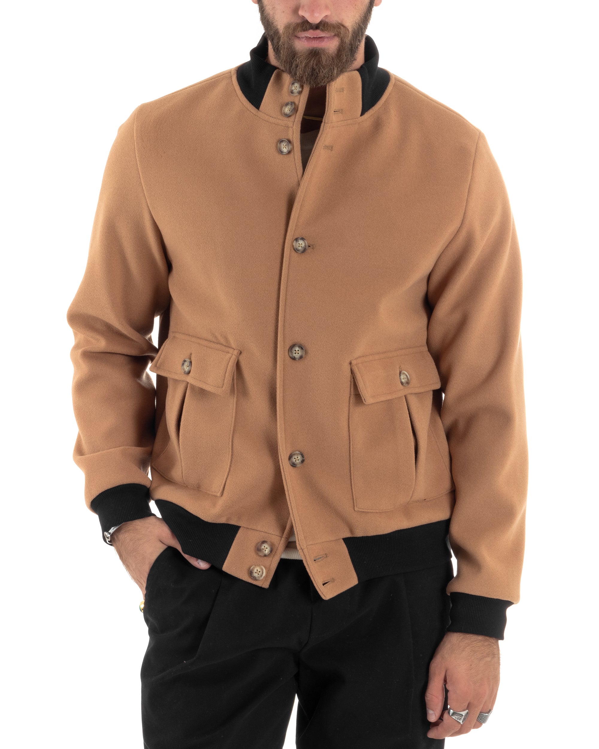 Giubbotto Uomo Tessuto Cappotto Bomber College In Panno Comodo Bicolore Giacca Calda Con Tasconi Casual Camel GIOSAL-G3244A