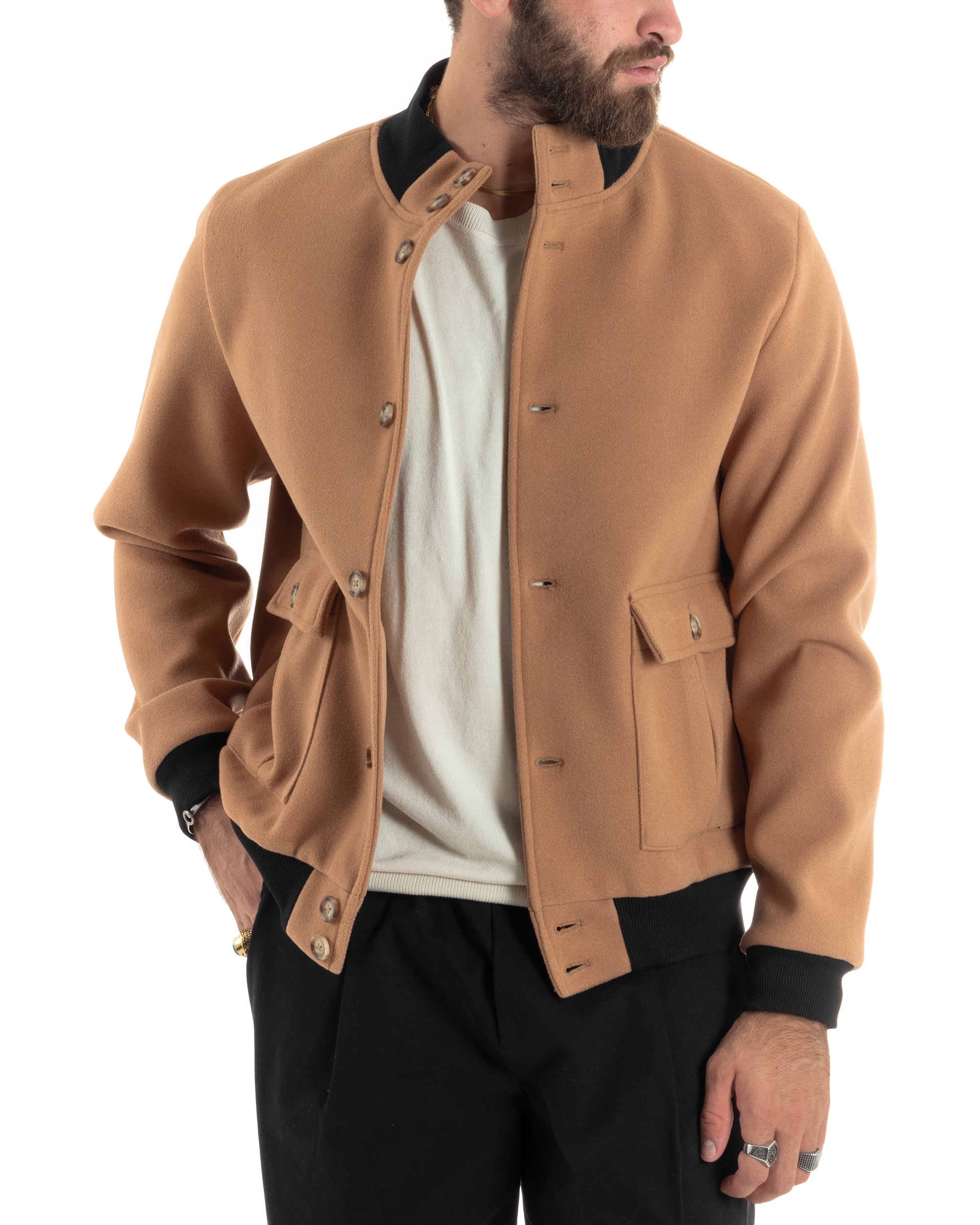 Giubbotto Uomo Tessuto Cappotto Bomber College In Panno Comodo Bicolore Giacca Calda Con Tasconi Casual Camel GIOSAL-G3244A