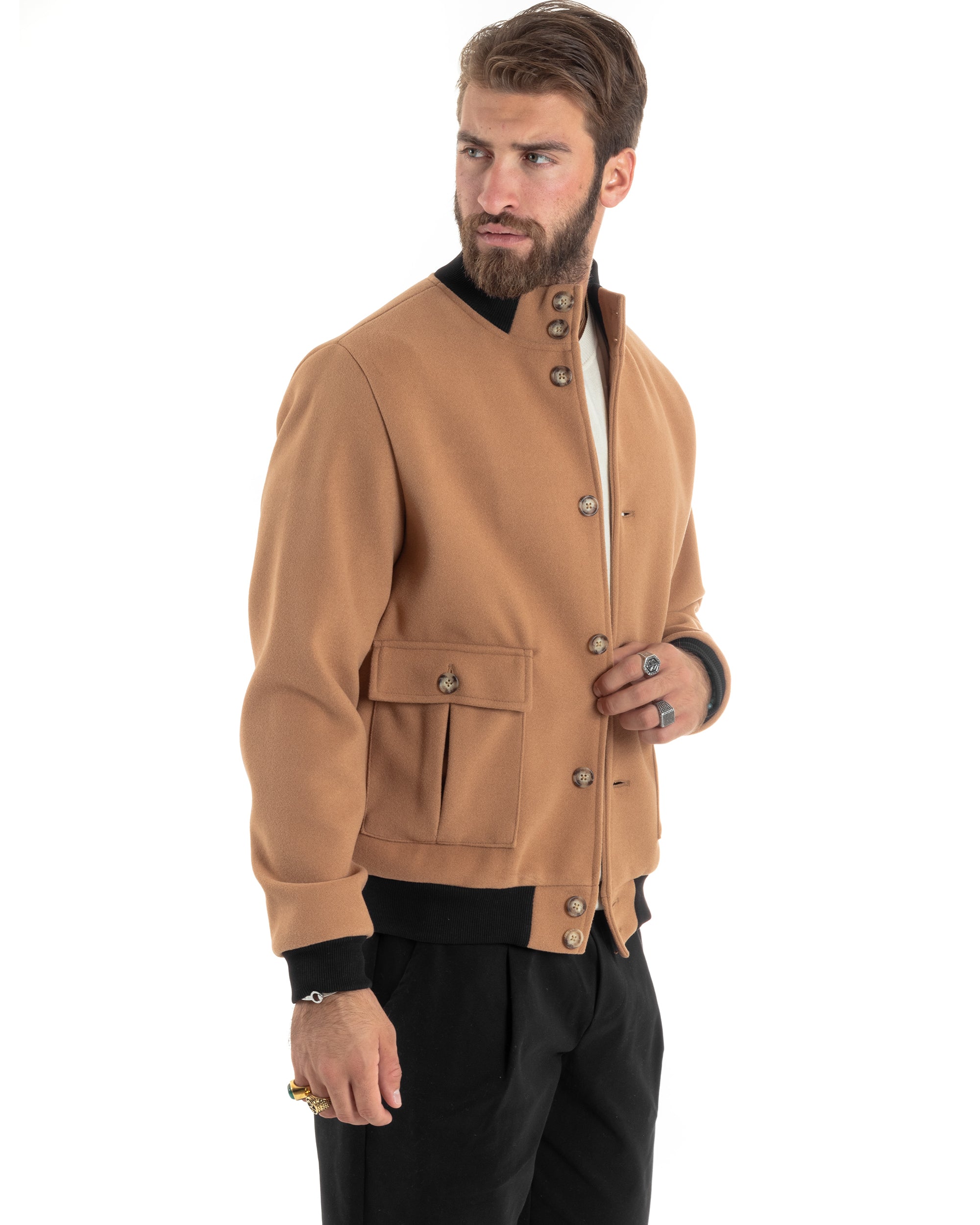 Giubbotto Uomo Tessuto Cappotto Bomber College In Panno Comodo Bicolore Giacca Calda Con Tasconi Casual Camel GIOSAL-G3244A