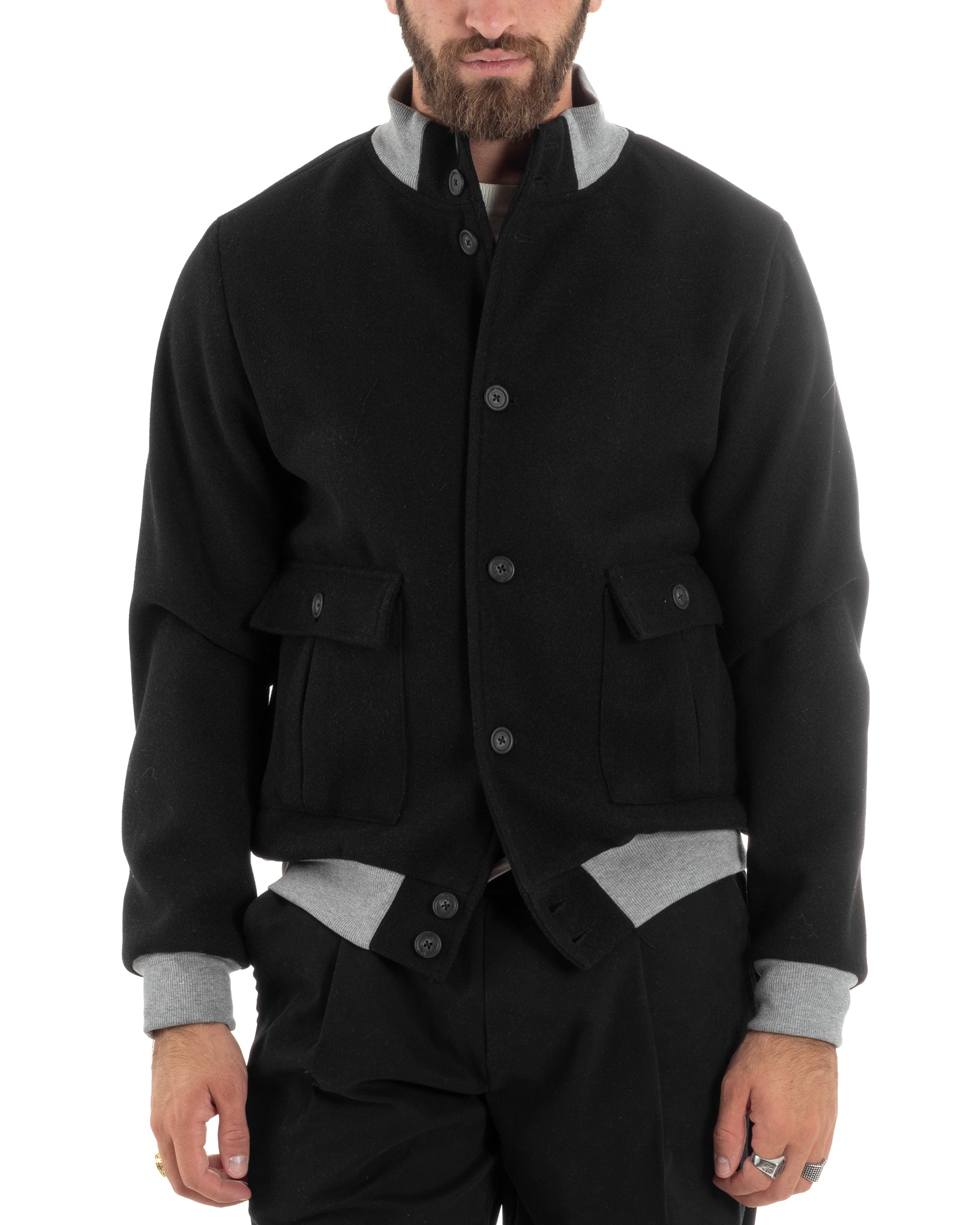 Giubbotto Uomo Tessuto Cappotto Bomber College In Panno Comodo Bicolore Giacca Calda Con Tasconi Casual Nero GIOSAL-G3245A