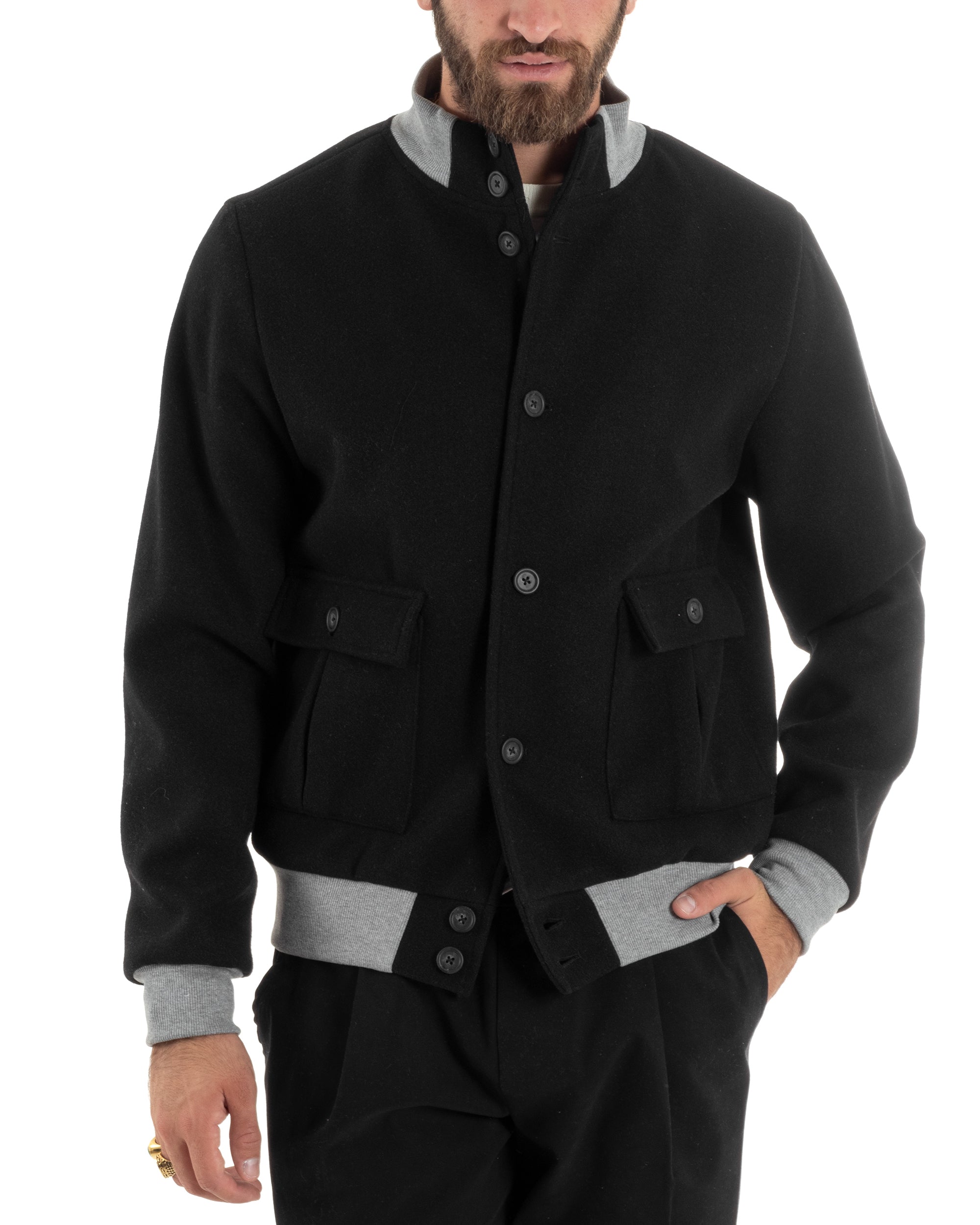 Giubbotto Uomo Tessuto Cappotto Bomber College In Panno Comodo Bicolore Giacca Calda Con Tasconi Casual Nero GIOSAL-G3245A