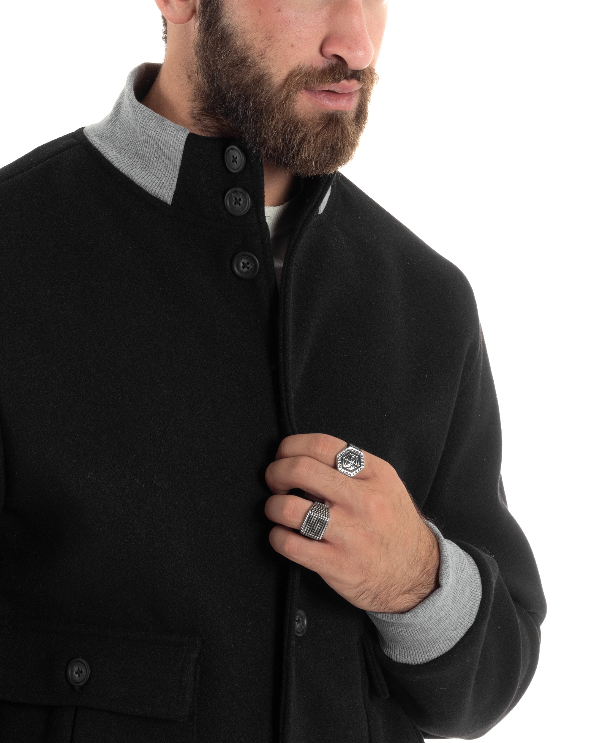 Giubbotto Uomo Tessuto Cappotto Bomber College In Panno Comodo Bicolore Giacca Calda Con Tasconi Casual Nero GIOSAL-G3245A