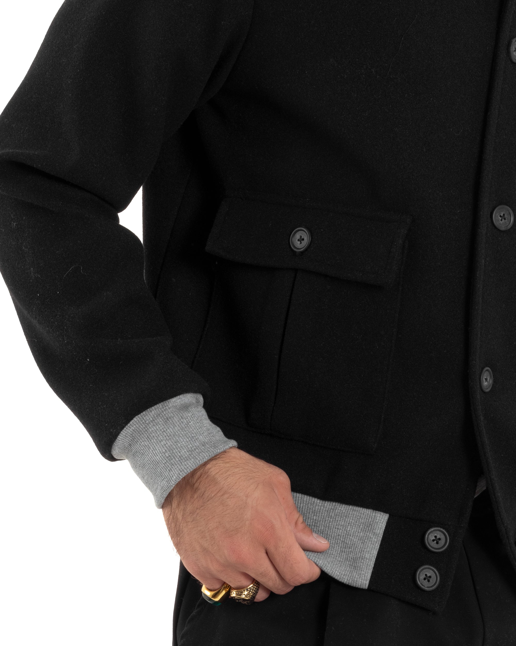 Giubbotto Uomo Tessuto Cappotto Bomber College In Panno Comodo Bicolore Giacca Calda Con Tasconi Casual Nero GIOSAL-G3245A