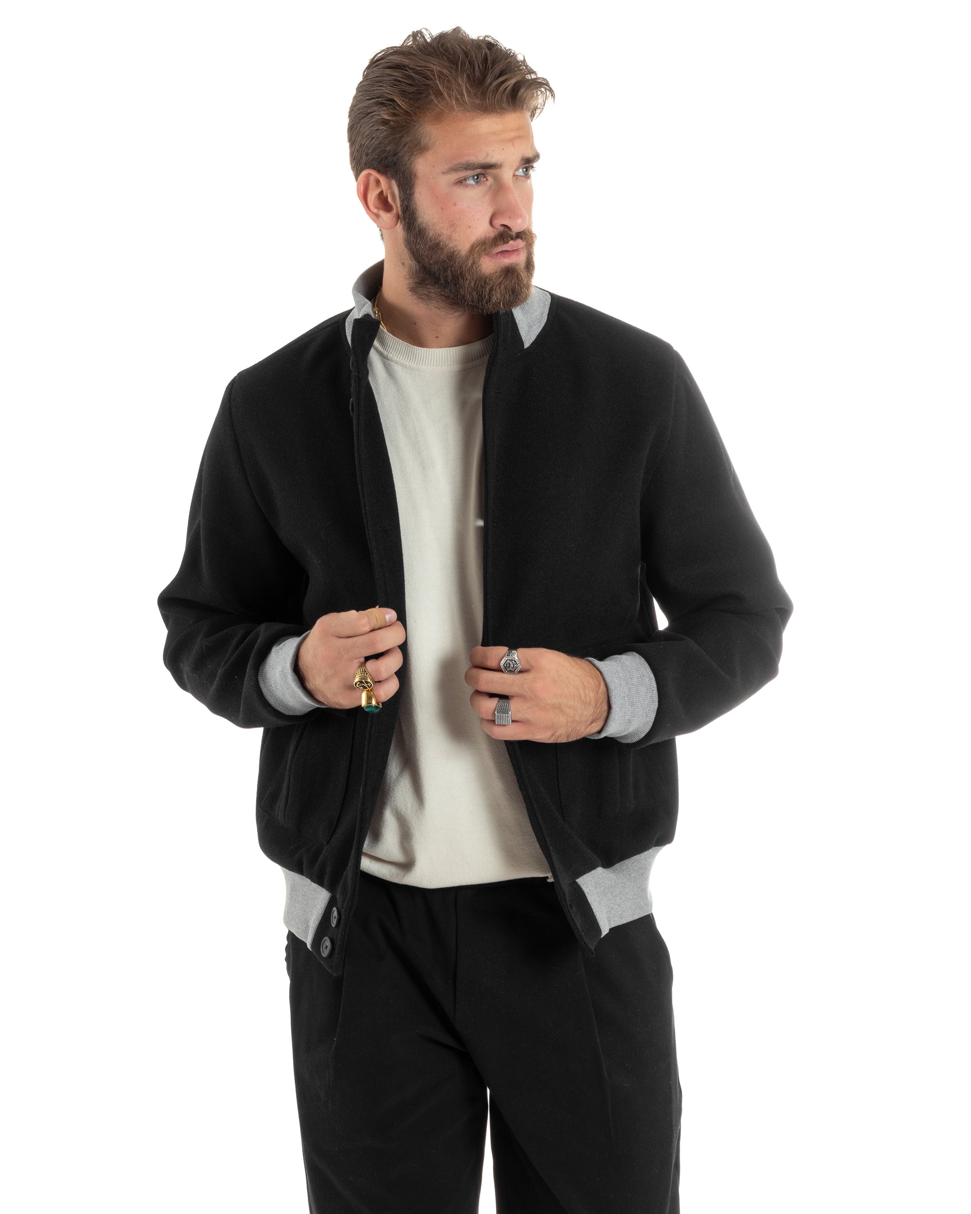 Giubbotto Uomo Tessuto Cappotto Bomber College In Panno Comodo Bicolore Giacca Calda Con Tasconi Casual Nero GIOSAL-G3245A