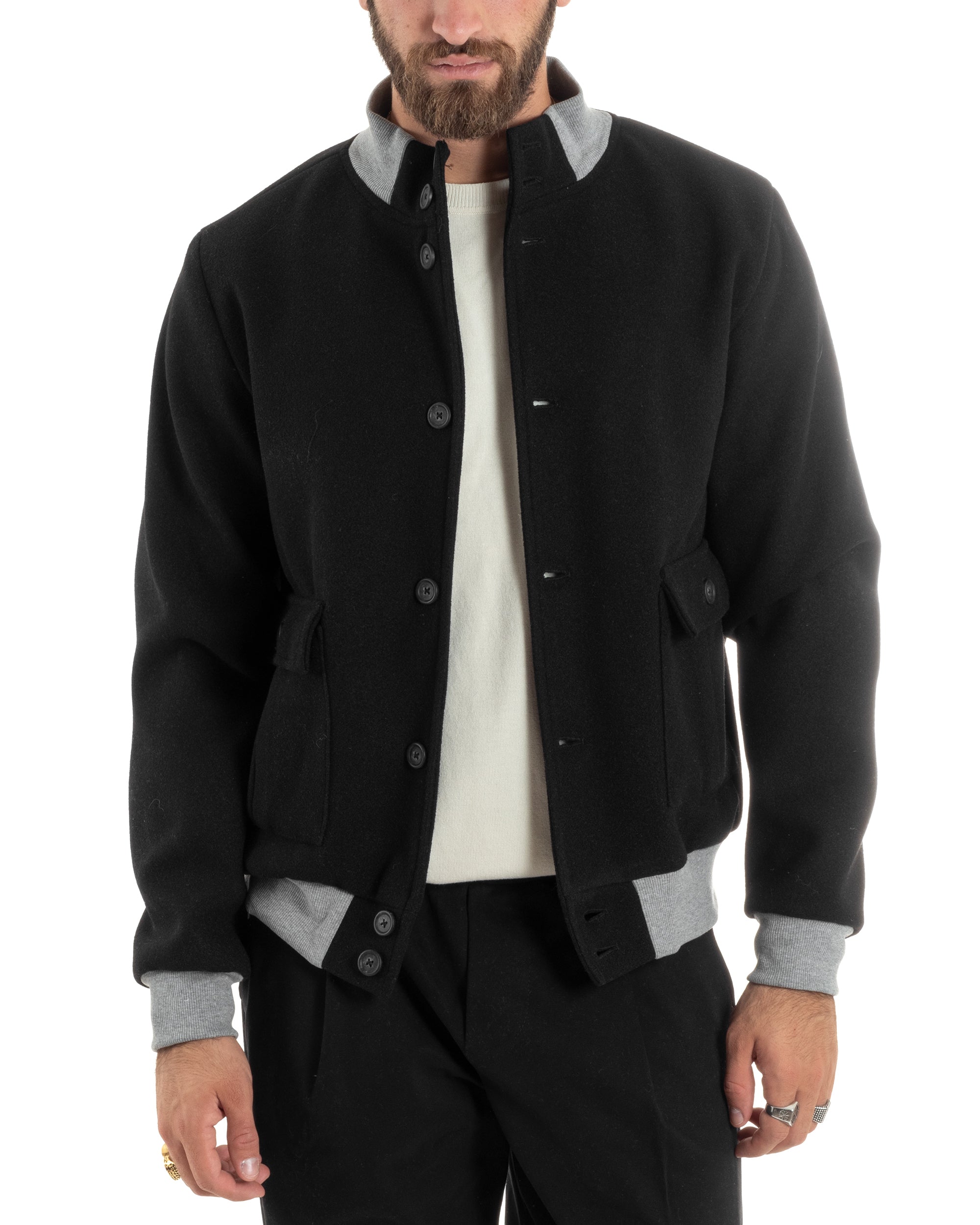 Giubbotto Uomo Tessuto Cappotto Bomber College In Panno Comodo Bicolore Giacca Calda Con Tasconi Casual Nero GIOSAL-G3245A