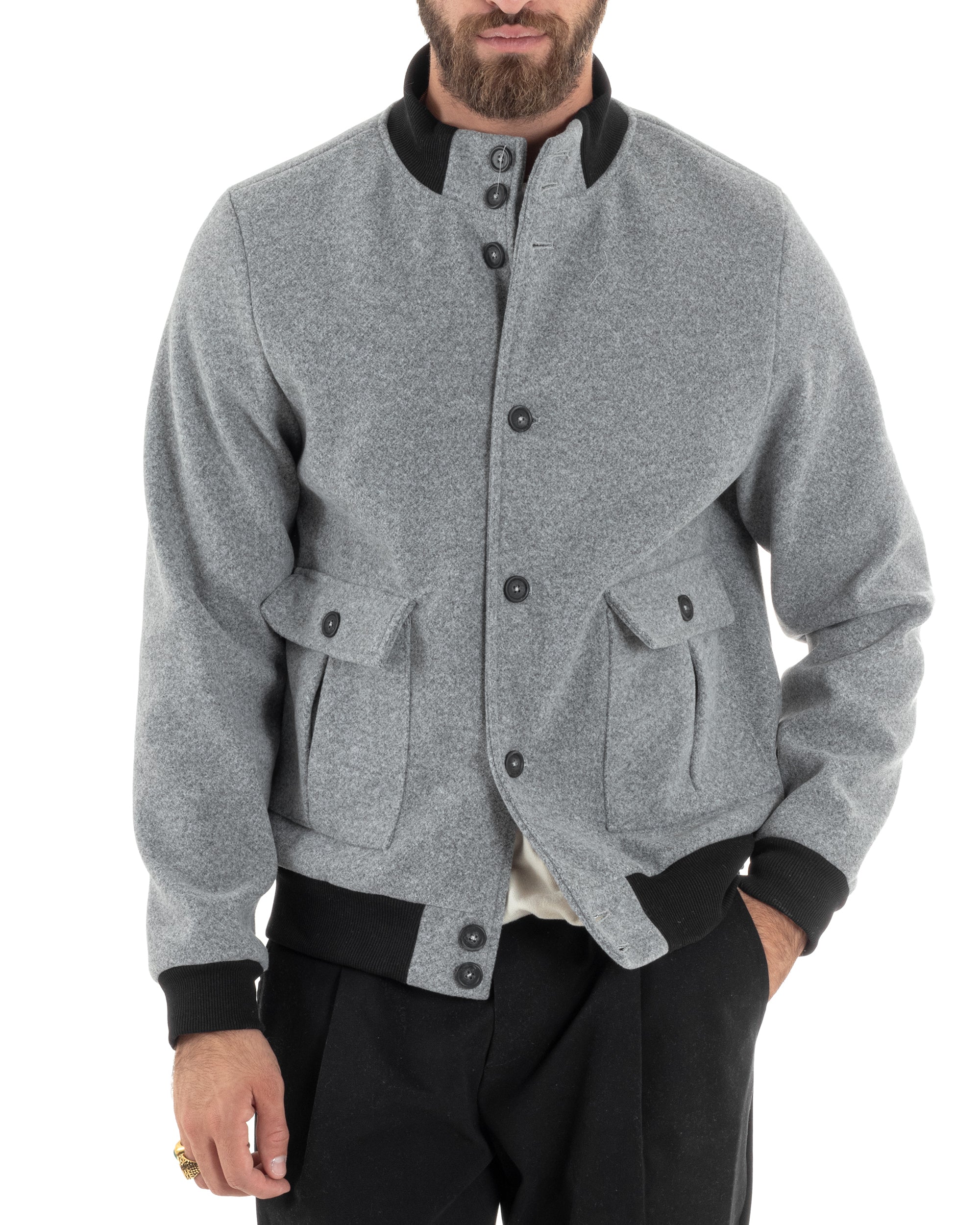 Giubbotto Uomo Tessuto Cappotto Bomber College In Panno Comodo Bicolore Giacca Calda Con Tasconi Casual Grigio GIOSAL-G3246A