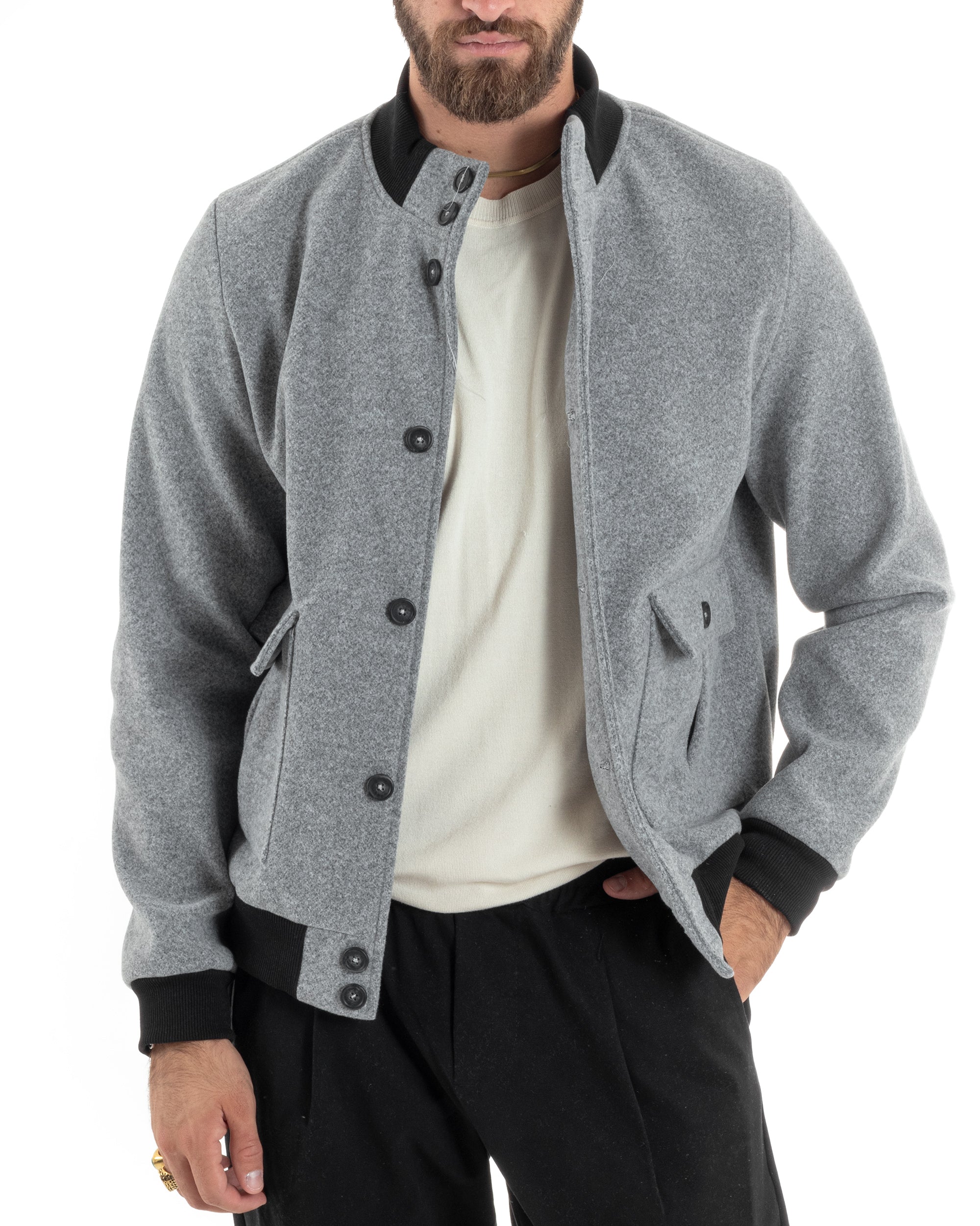 Giubbotto Uomo Tessuto Cappotto Bomber College In Panno Comodo Bicolore Giacca Calda Con Tasconi Casual Grigio GIOSAL-G3246A