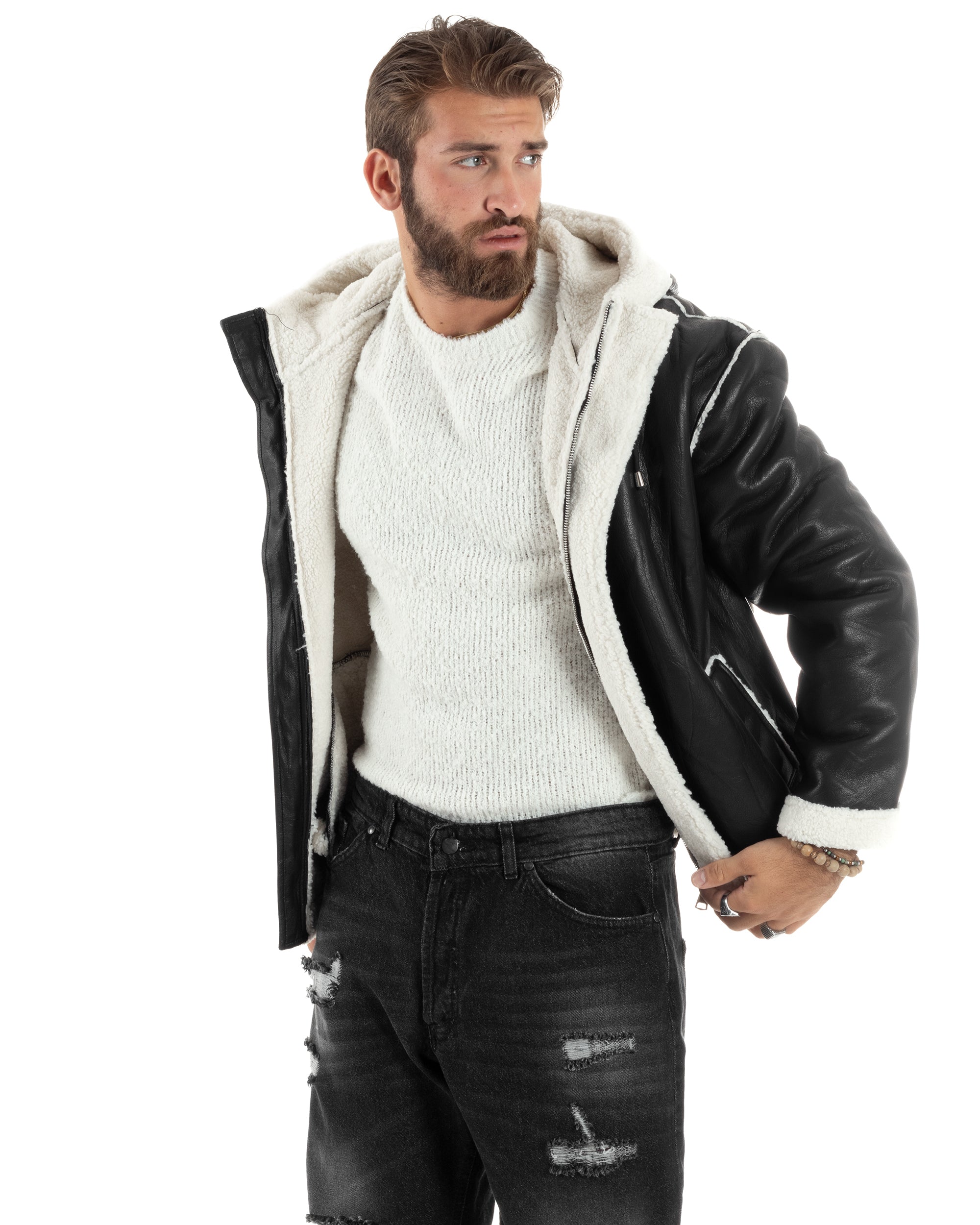 Giubbotto Montone Uomo Ecopelle Con Cappuccio Zip Pelliccia Giacca Imbottita Calda Aviatore Oversize Bicolore Casual Nero GIOSAL-G3247A