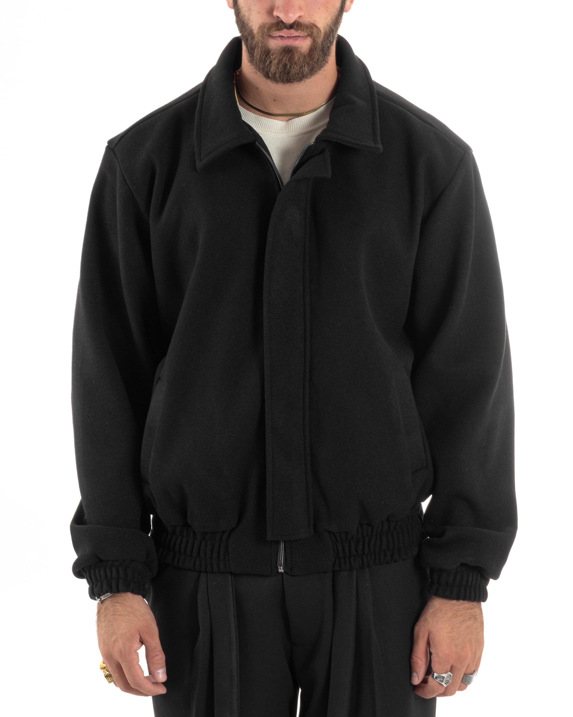 Giubbotto Uomo Panno Caldo Bomber Con Colletto Giacca Con Zip Tinta Unita Nero GIOSAL-G3248A