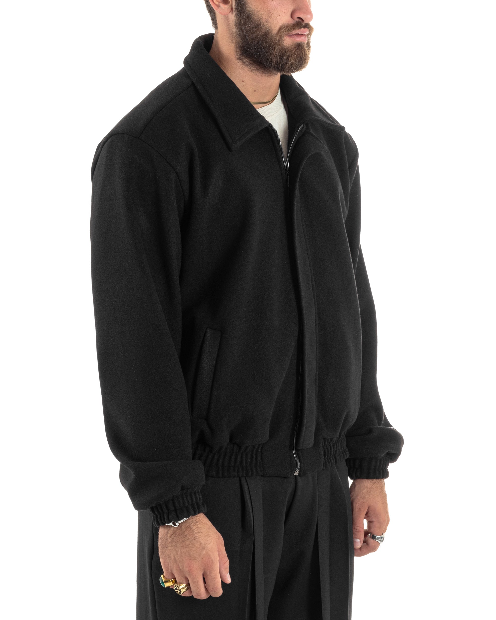 Giubbotto Uomo Panno Caldo Bomber Con Colletto Giacca Con Zip Tinta Unita Nero GIOSAL-G3248A