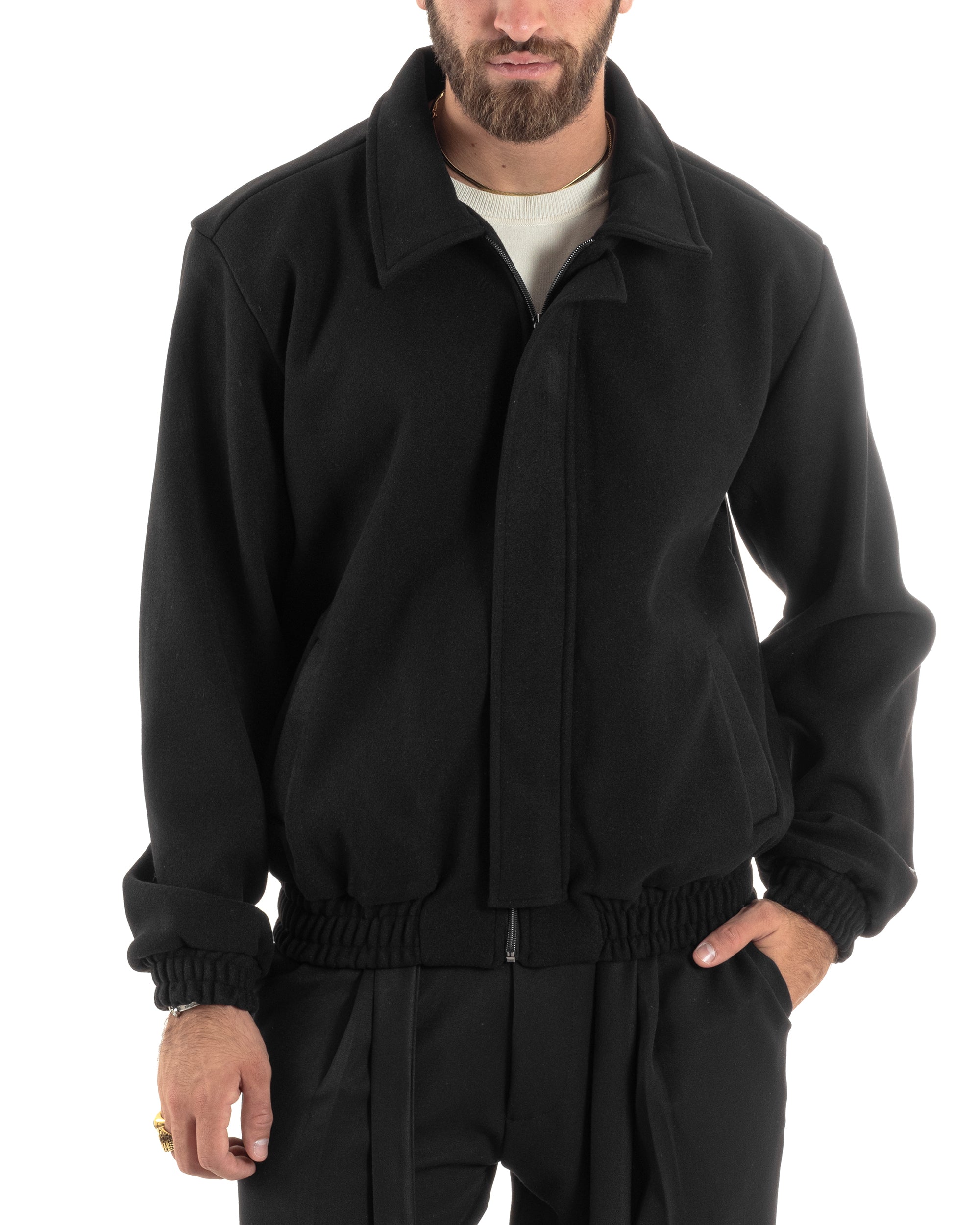 Giubbotto Uomo Panno Caldo Bomber Con Colletto Giacca Con Zip Tinta Unita Nero GIOSAL-G3248A