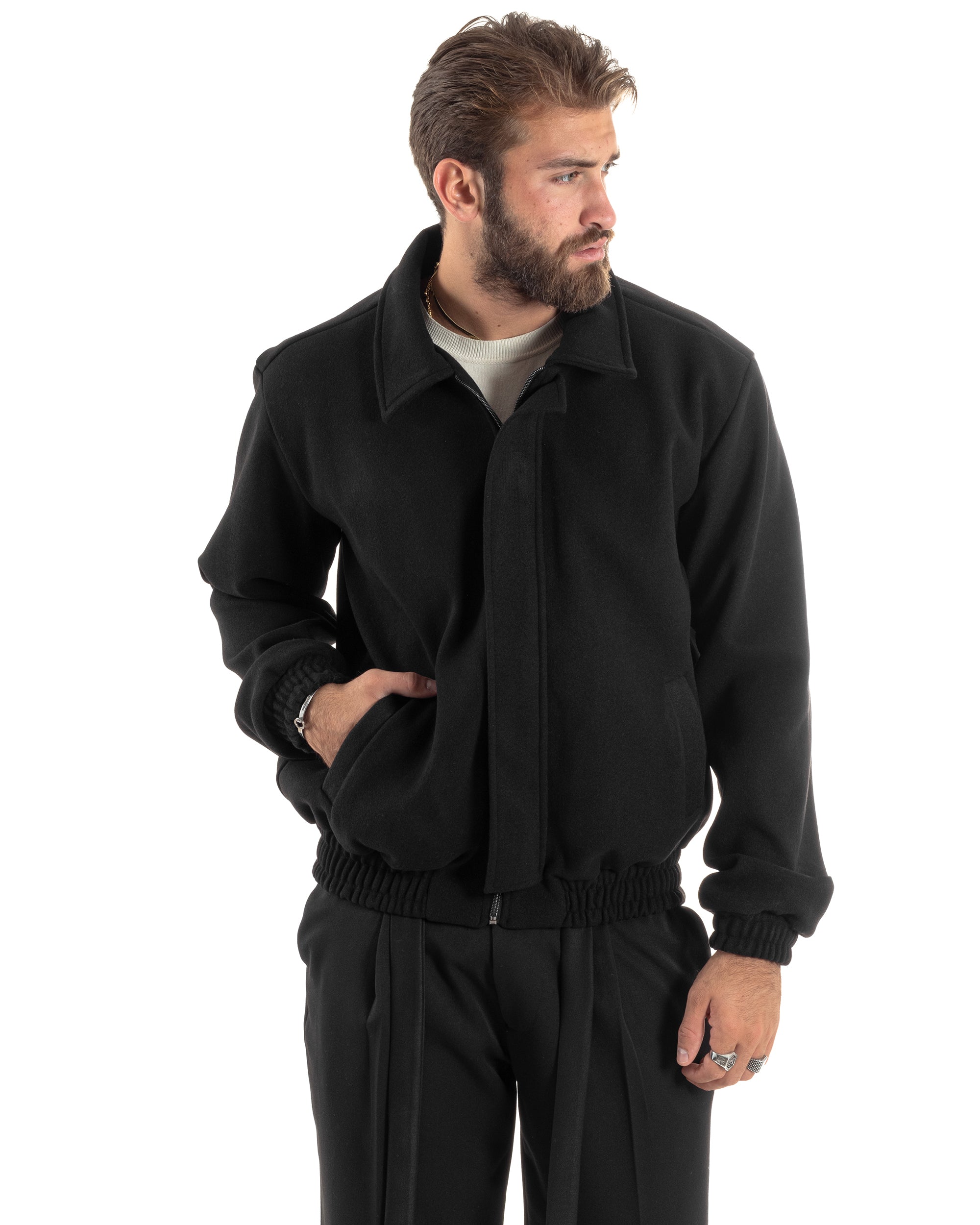 Giubbotto Uomo Panno Caldo Bomber Con Colletto Giacca Con Zip Tinta Unita Nero GIOSAL-G3248A