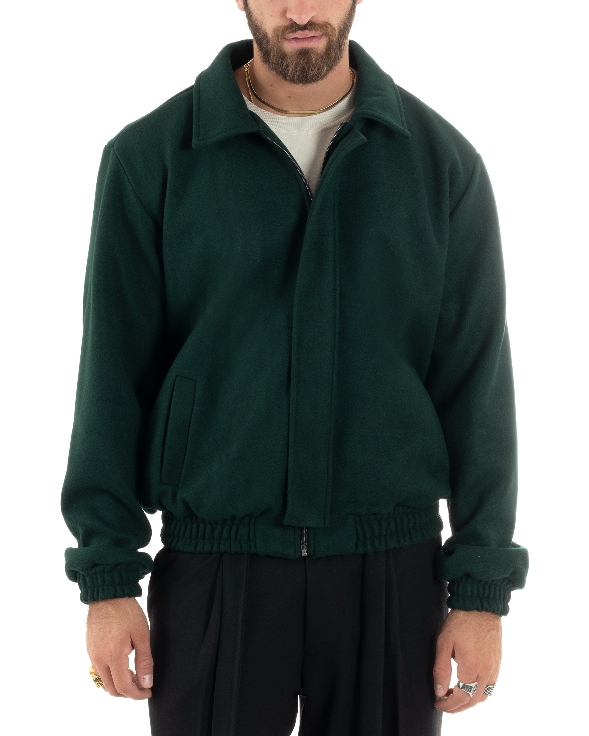 Giubbotto Uomo Panno Caldo Bomber Con Colletto Giacca Con Zip Tinta Unita Verde GIOSAL-G3249A