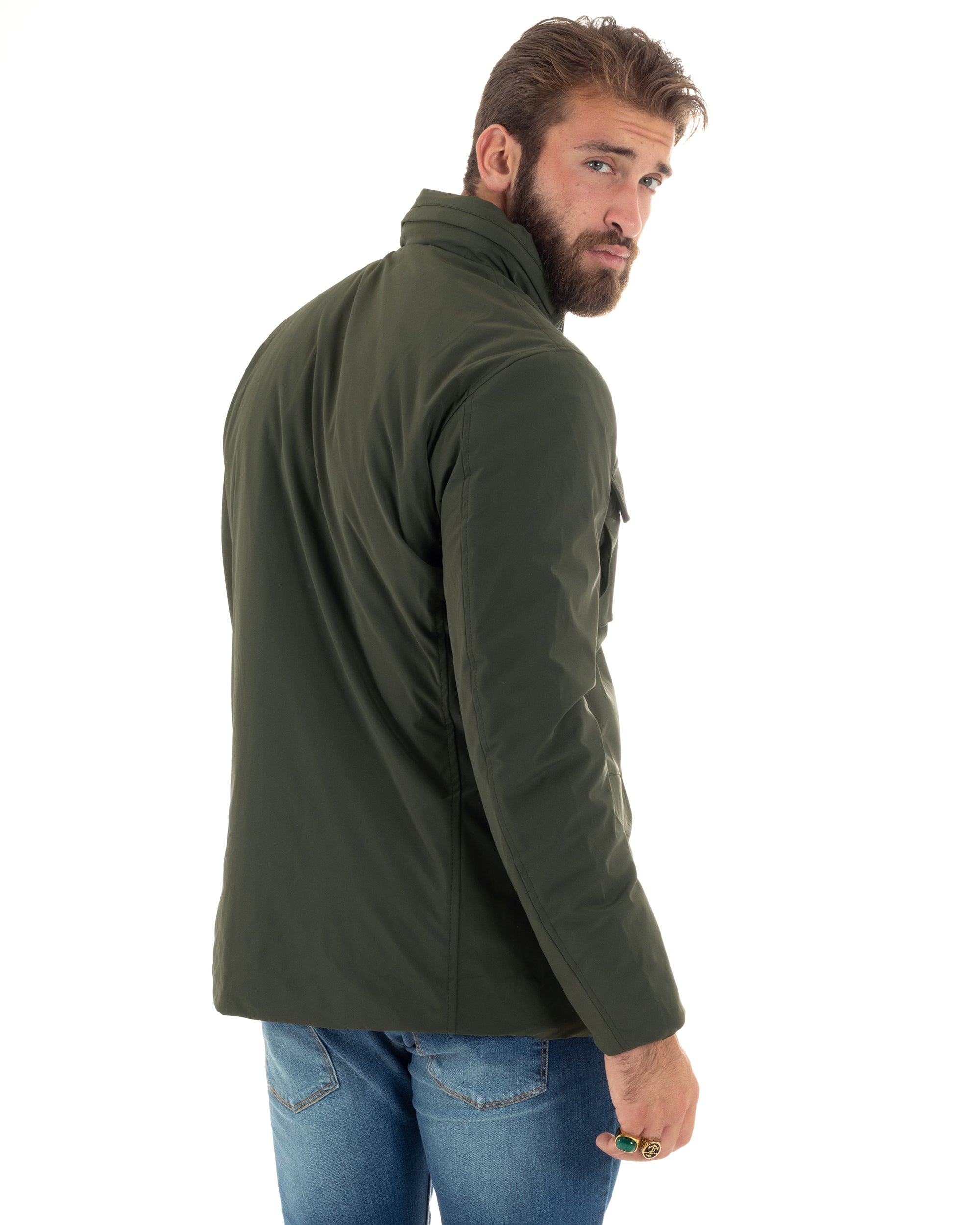 Giubbotto Uomo Tessuto Tecnico Nylon Trench Con Collo Sahariana Tasche E Zip Giaccone Caldo Antivento Impermeabile Giacca Imbottita Verde GIOSAL-G3251A