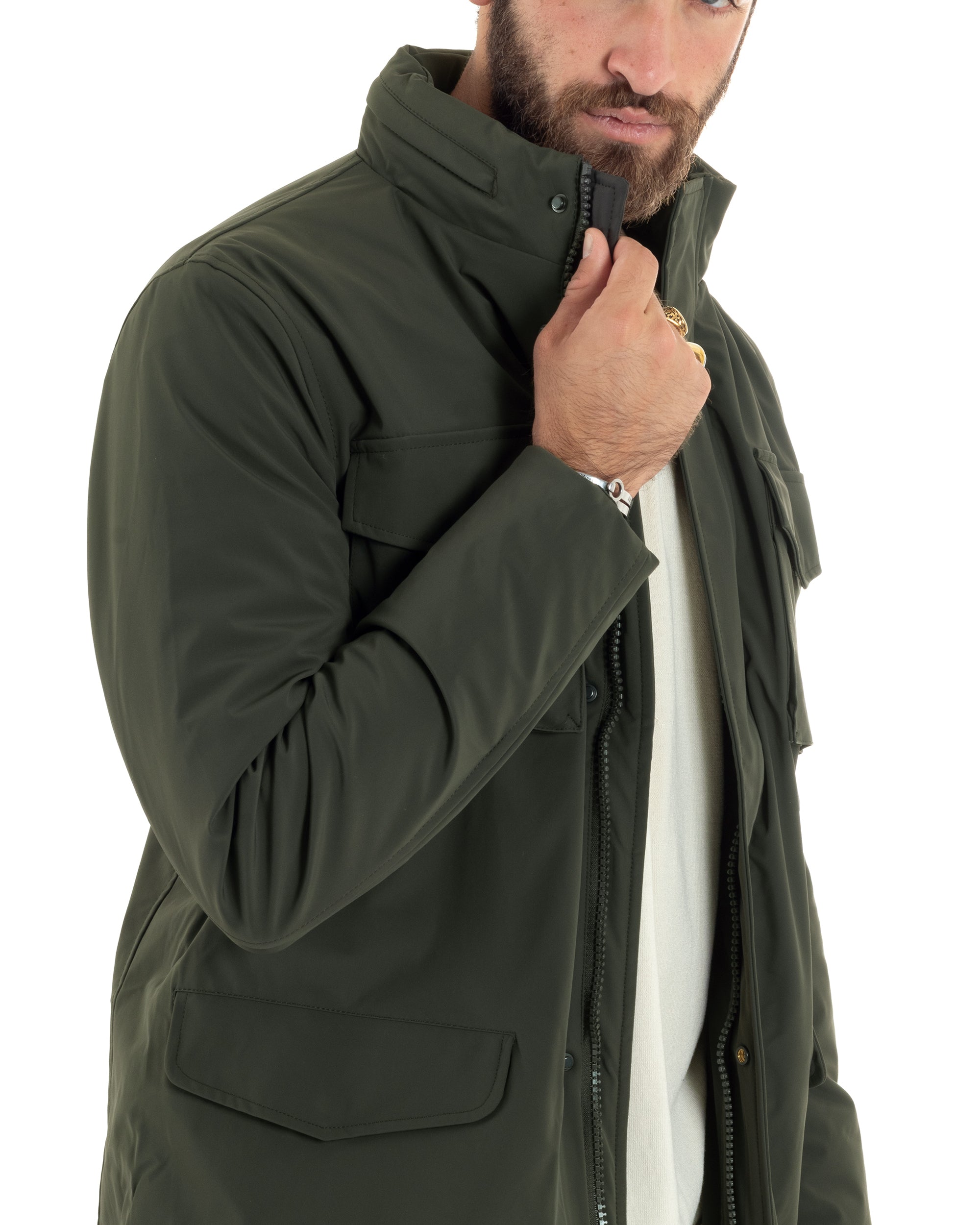 Giubbotto Uomo Tessuto Tecnico Nylon Trench Con Collo Sahariana Tasche E Zip Giaccone Caldo Antivento Impermeabile Giacca Imbottita Verde GIOSAL-G3251A