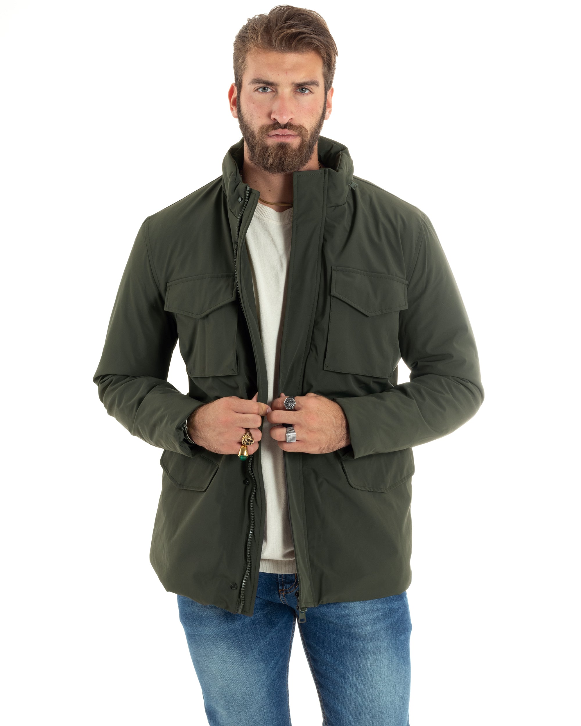 Giubbotto Uomo Tessuto Tecnico Nylon Trench Con Collo Sahariana Tasche E Zip Giaccone Caldo Antivento Impermeabile Giacca Imbottita Verde GIOSAL-G3251A