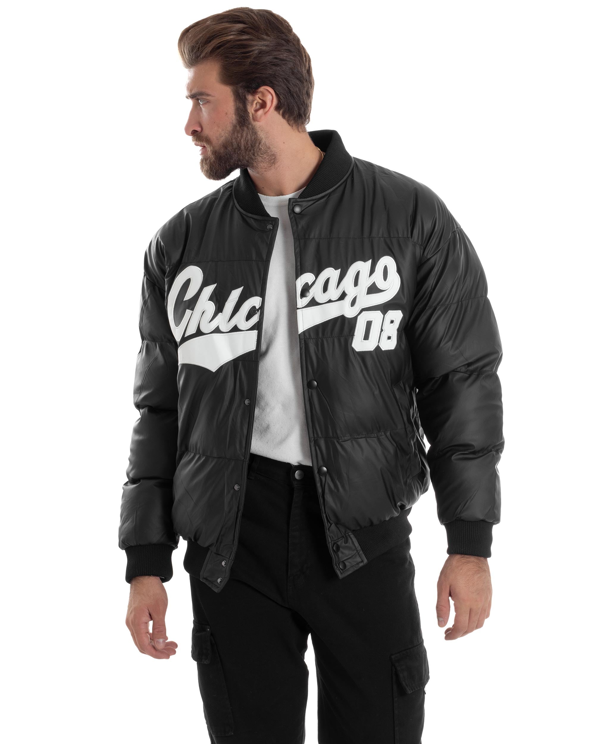 Giubbotto Uomo Varsity Imbottito Bomber College Caldo Giacca Con Patch Relaxed Fit Tessuto Tecnico Tinta Unita Nero GIOSAL-G3253A