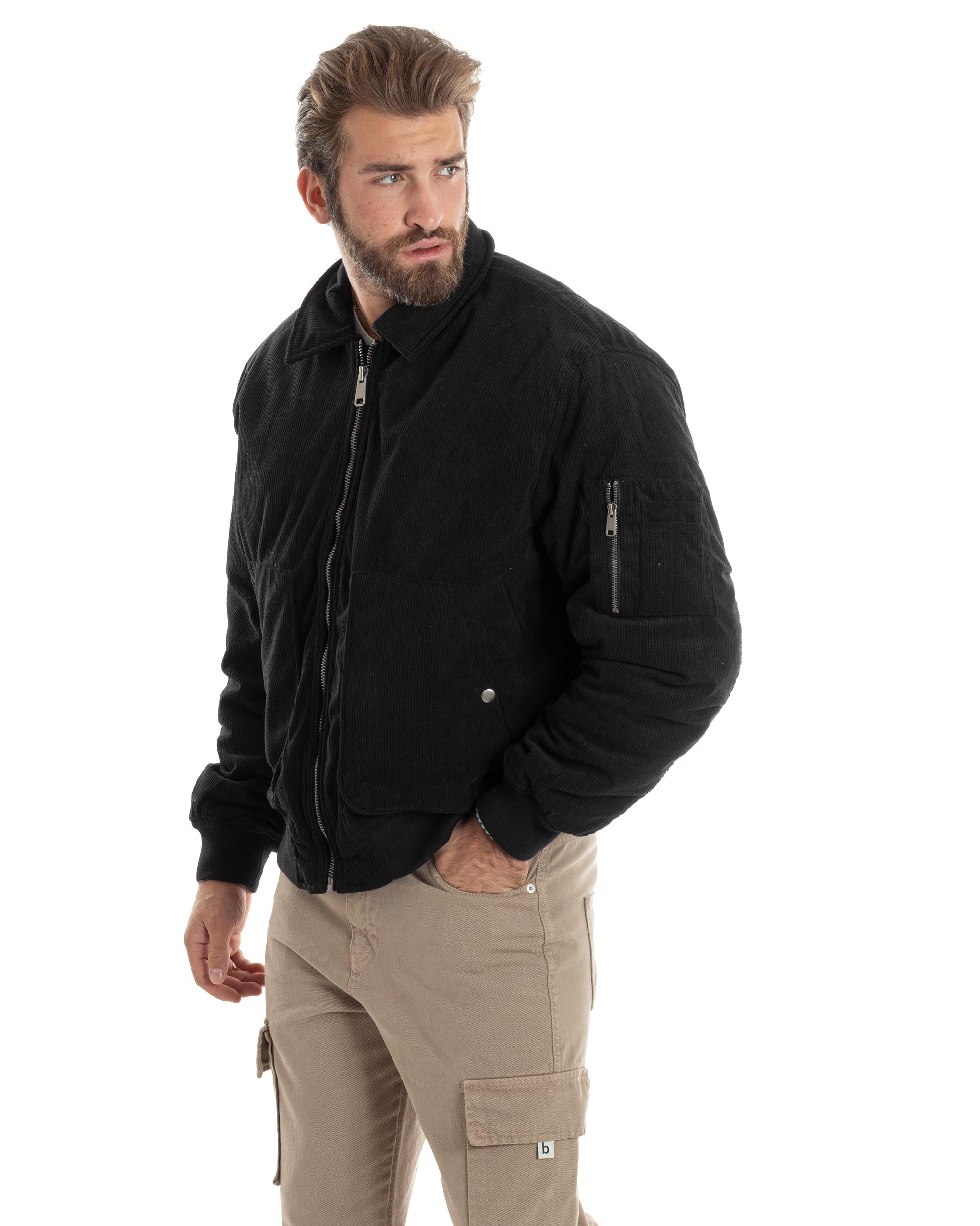 Giubbotto Uomo Velluto Rigato Giaccone Caldo Imbottito Bomber Con Collo Camicia E Tasconi Nero GIOSAL-G3254A