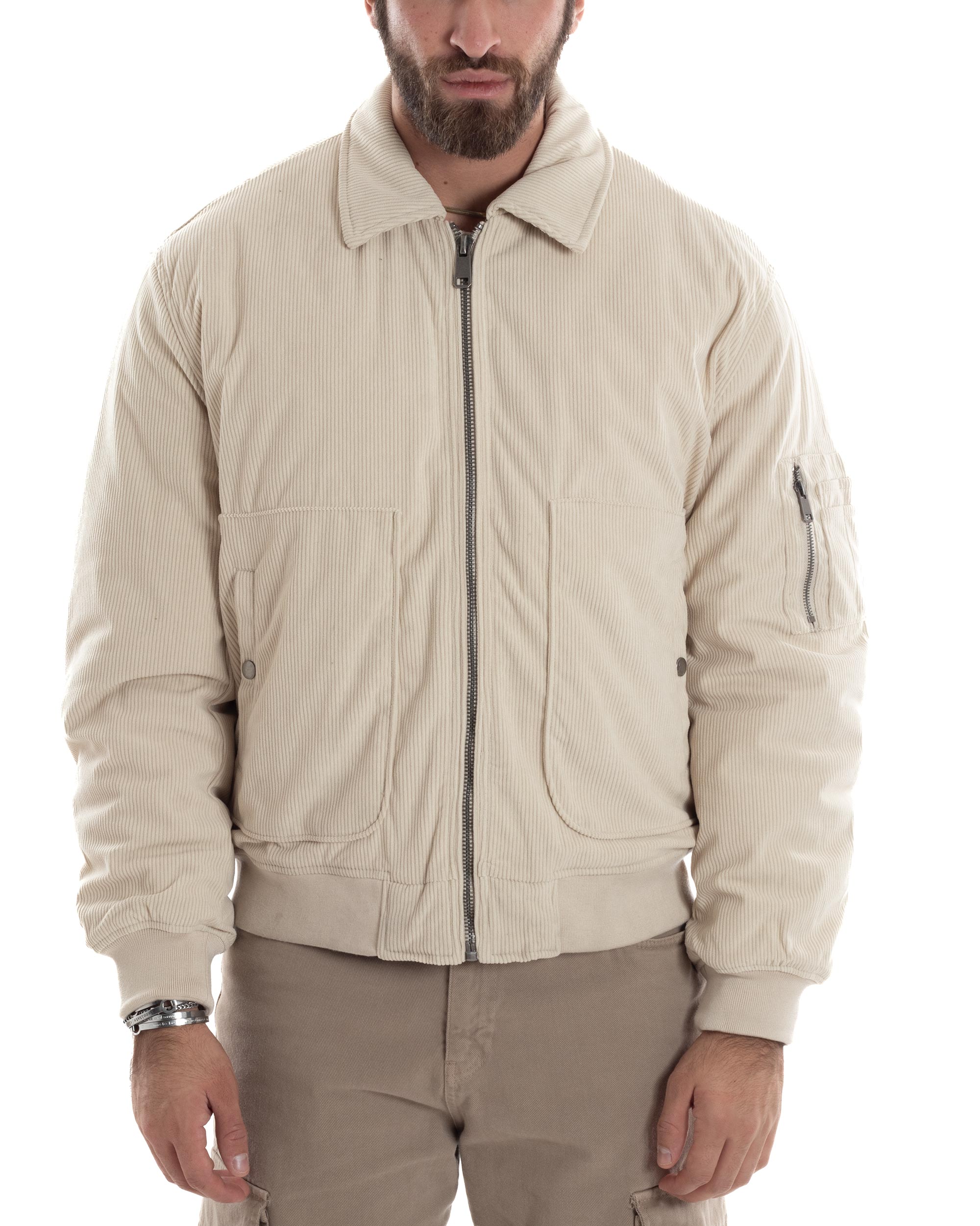 Giubbotto Uomo Velluto Rigato Giaccone Caldo Imbottito Bomber Con Collo Camicia E Tasconi Beige GIOSAL-G3255A