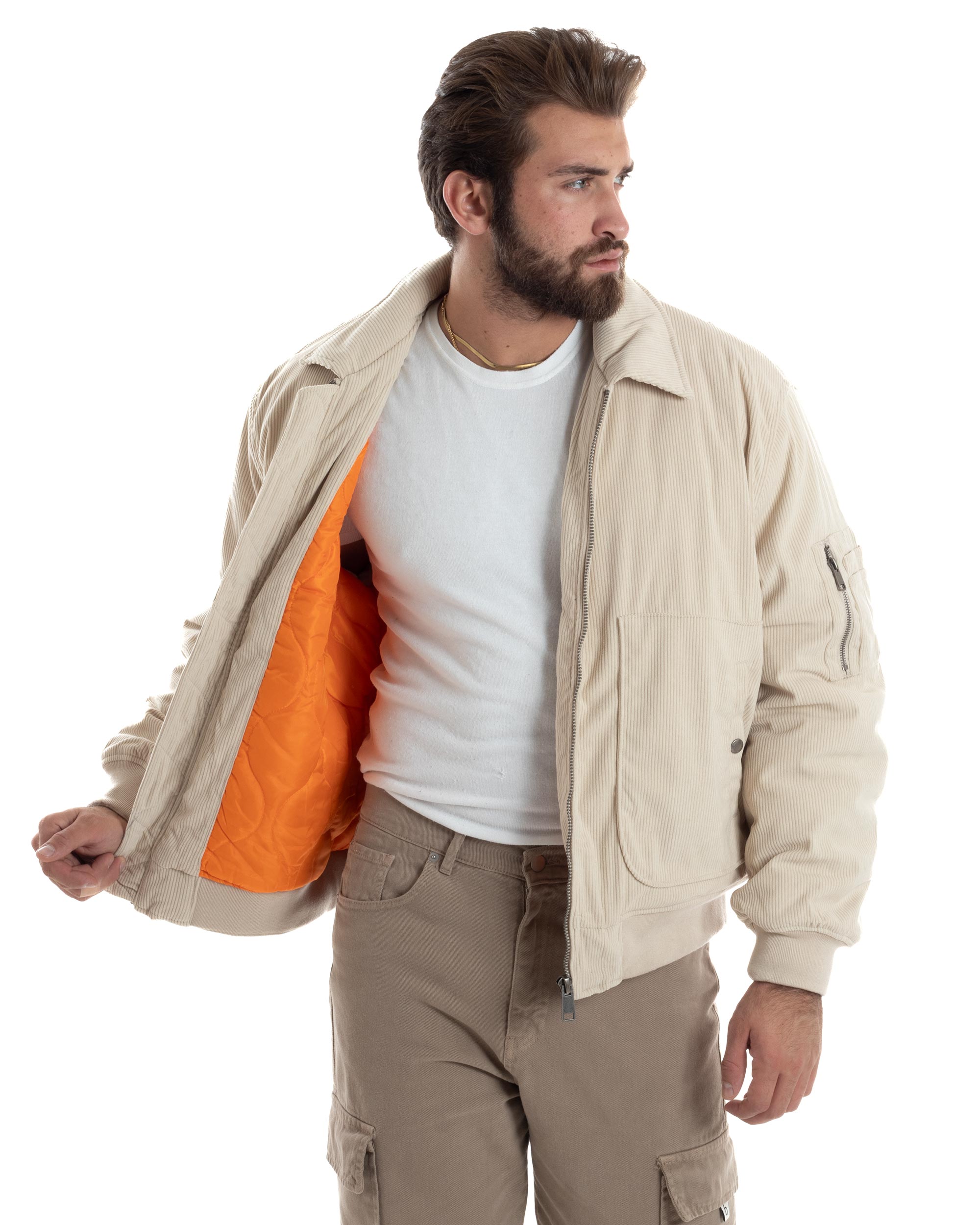 Giubbotto Uomo Velluto Rigato Giaccone Caldo Imbottito Bomber Con Collo Camicia E Tasconi Beige GIOSAL-G3255A