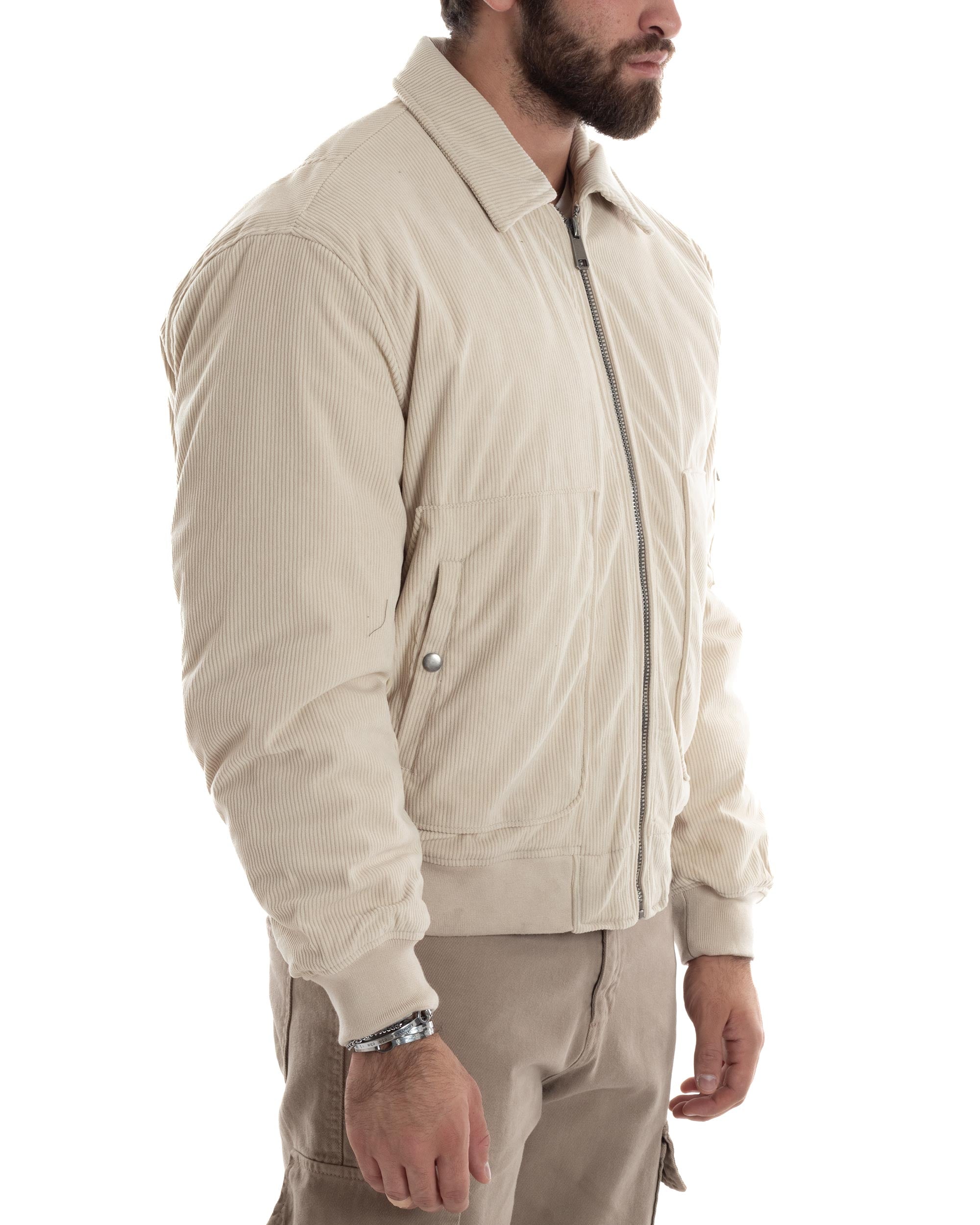 Giubbotto Uomo Velluto Rigato Giaccone Caldo Imbottito Bomber Con Collo Camicia E Tasconi Beige GIOSAL-G3255A