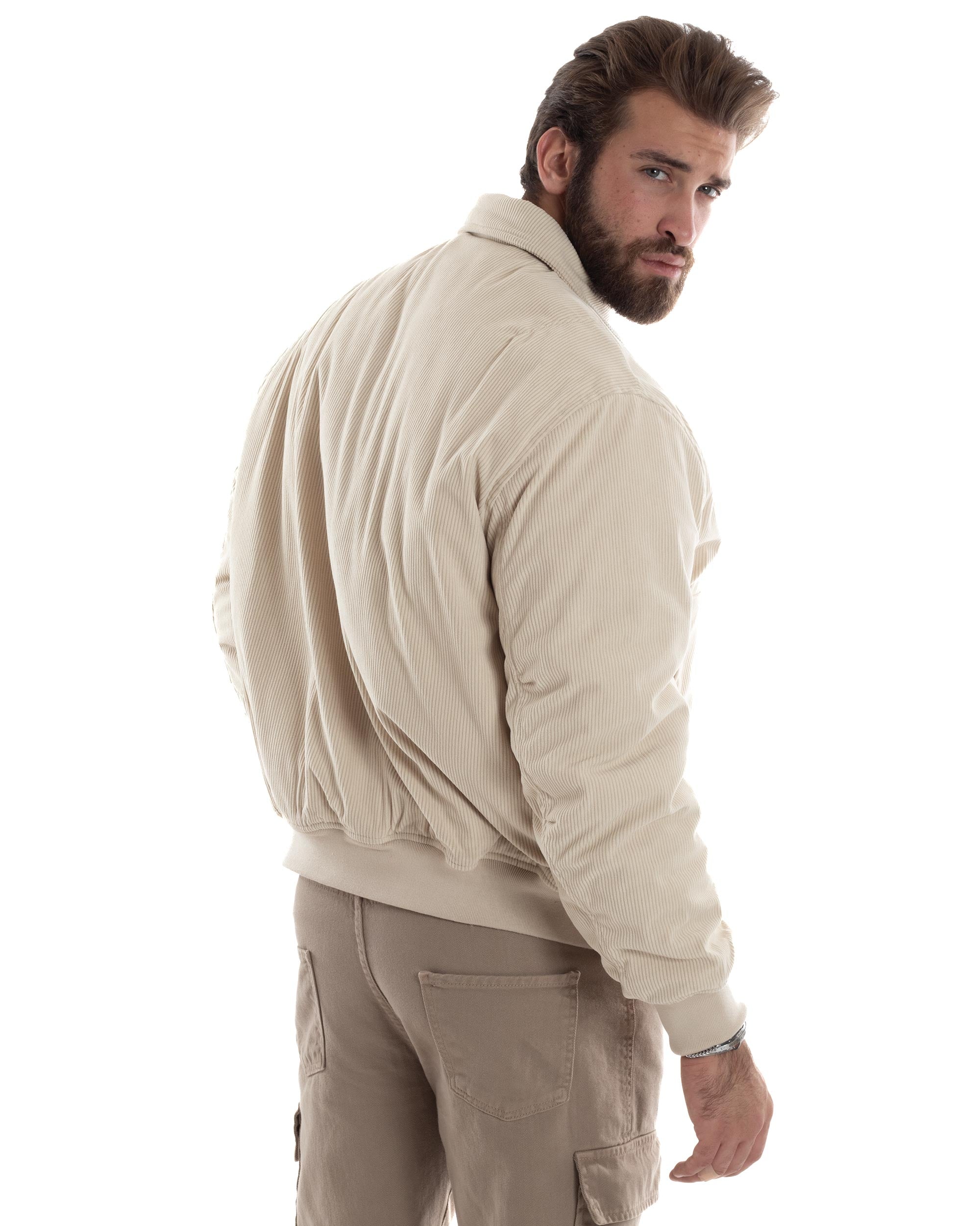 Giubbotto Uomo Velluto Rigato Giaccone Caldo Imbottito Bomber Con Collo Camicia E Tasconi Beige GIOSAL-G3255A