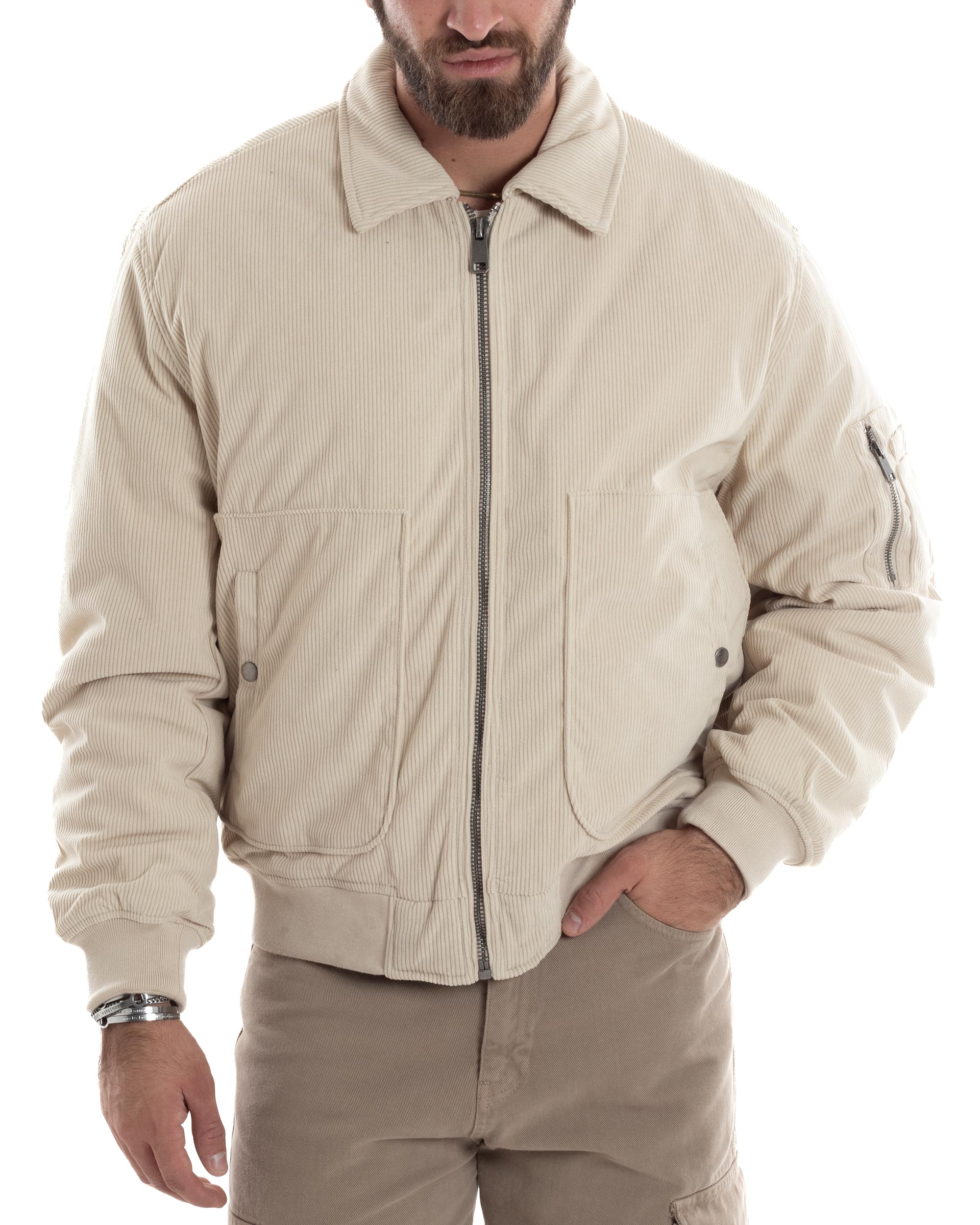 Giubbotto Uomo Velluto Rigato Giaccone Caldo Imbottito Bomber Con Collo Camicia E Tasconi Beige GIOSAL-G3255A