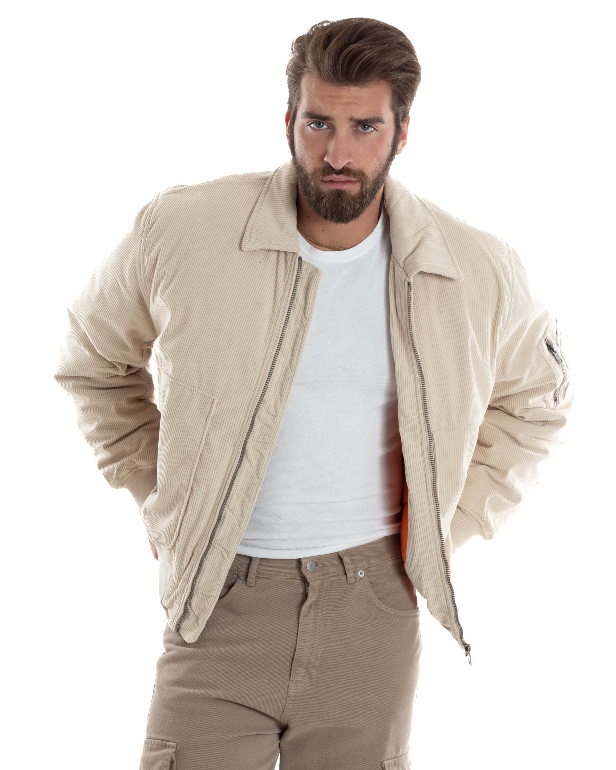 Giubbotto Uomo Velluto Rigato Giaccone Caldo Imbottito Bomber Con Collo Camicia E Tasconi Beige GIOSAL-G3255A