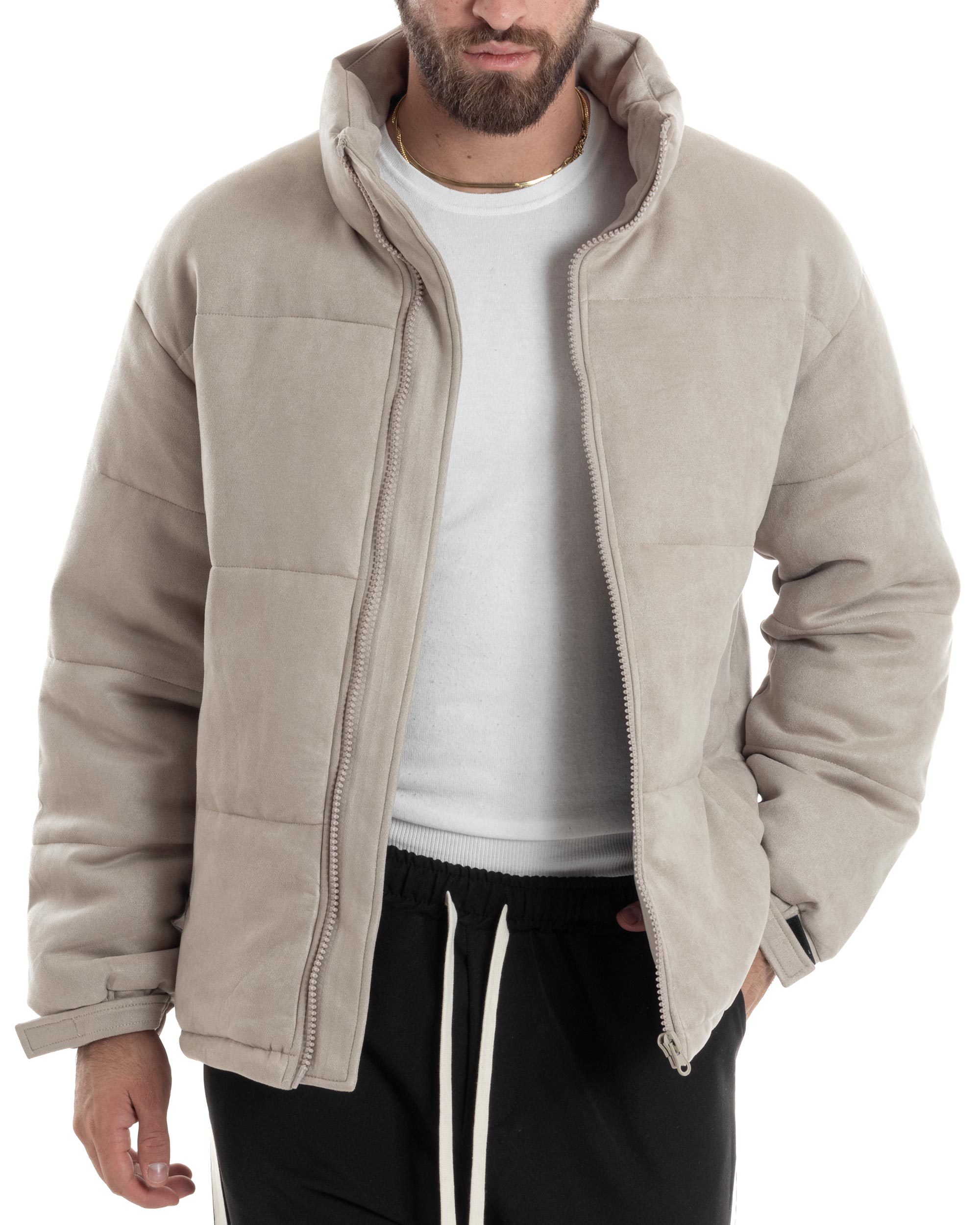 Giubbotto Uomo Camoscio Trapuntato Imbottito Bomber Morbido Con Collo e Zip Giacca Calda Regular Fit Casual Beige GIOSAL-G3257A