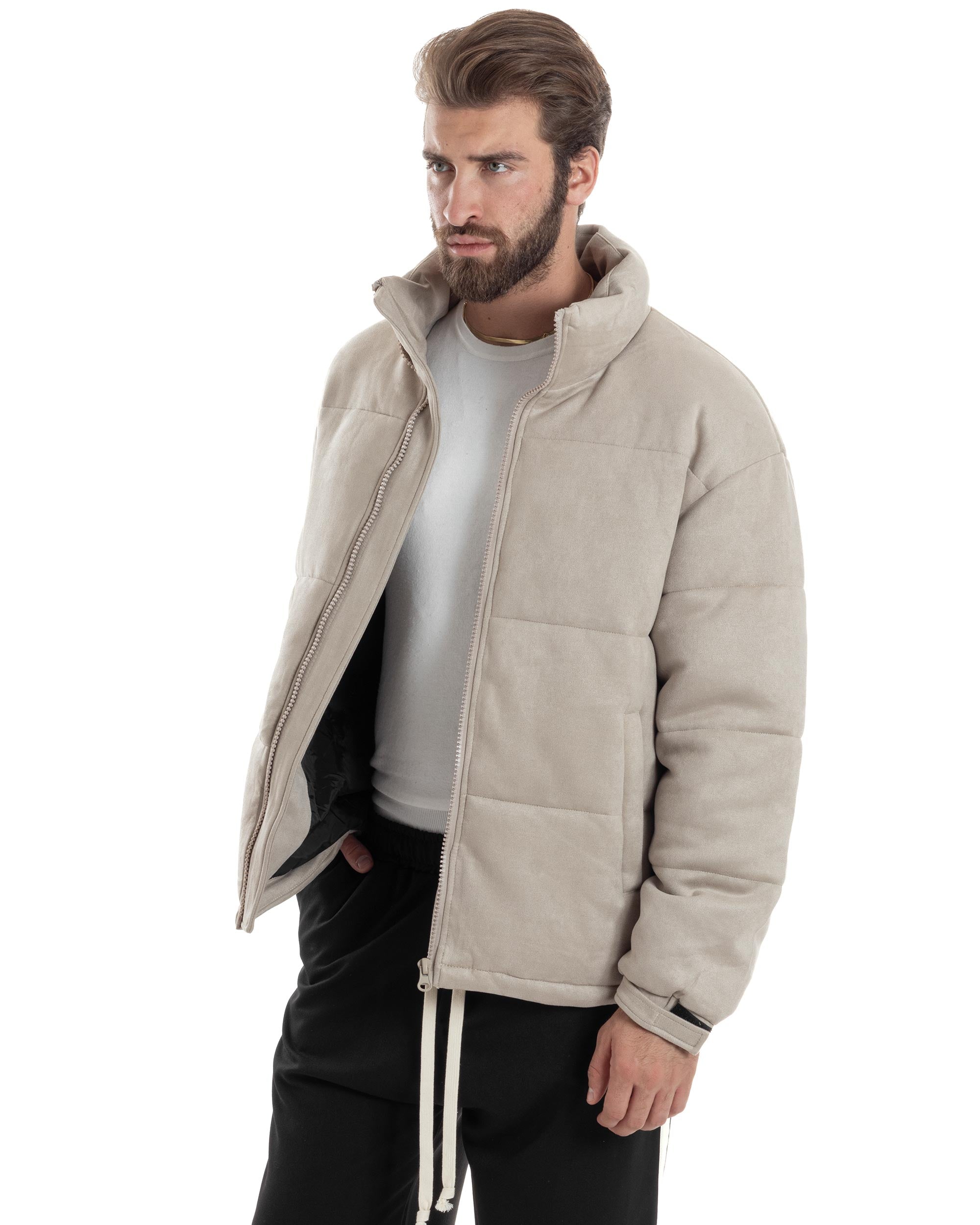 Giubbotto Uomo Camoscio Trapuntato Imbottito Bomber Morbido Con Collo e Zip Giacca Calda Regular Fit Casual Beige GIOSAL-G3257A