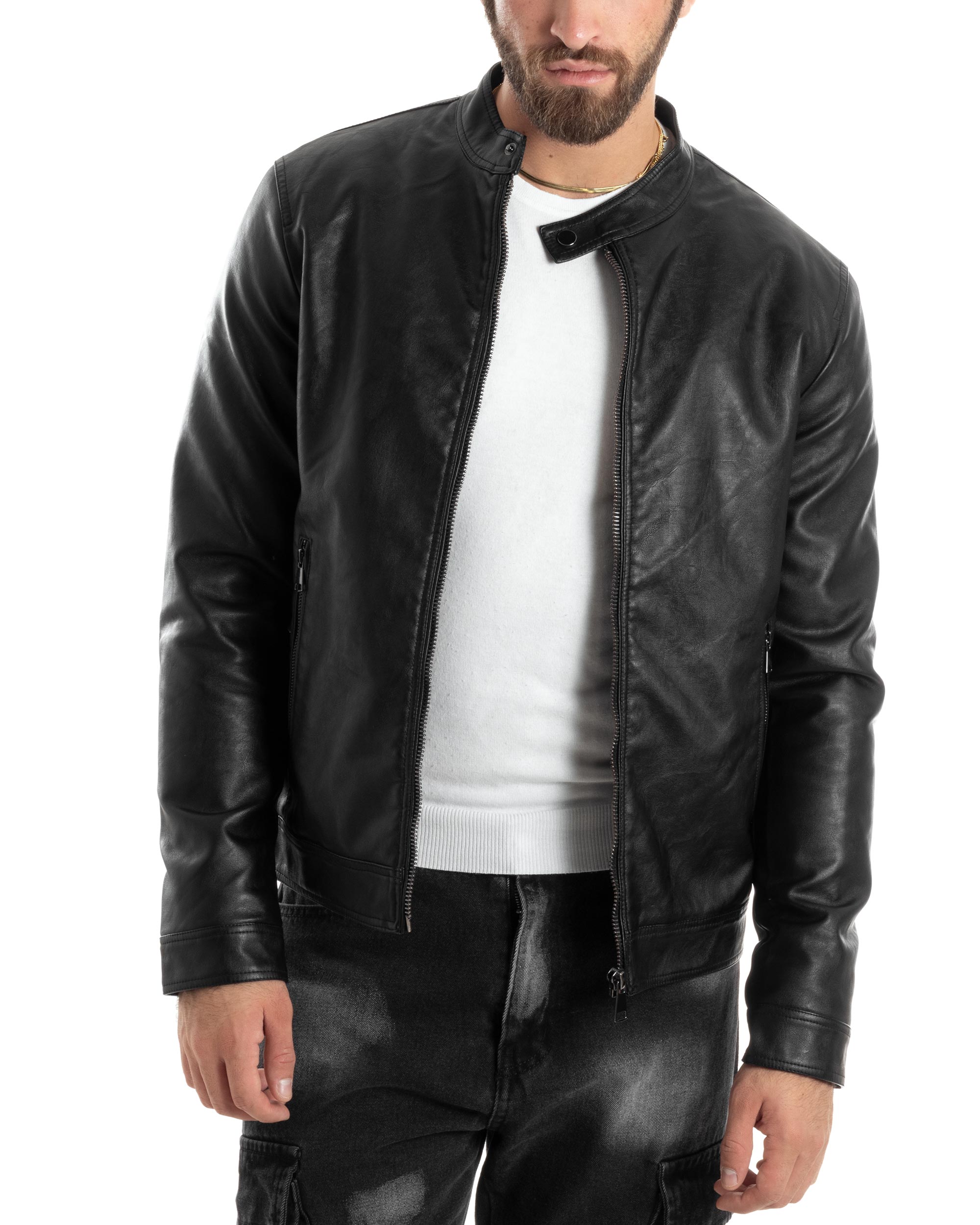 Giubbotto Uomo College Ecopelle Casual Biker Imbottito Caldo Tinta Unita Nero GIOSAL-G3260A