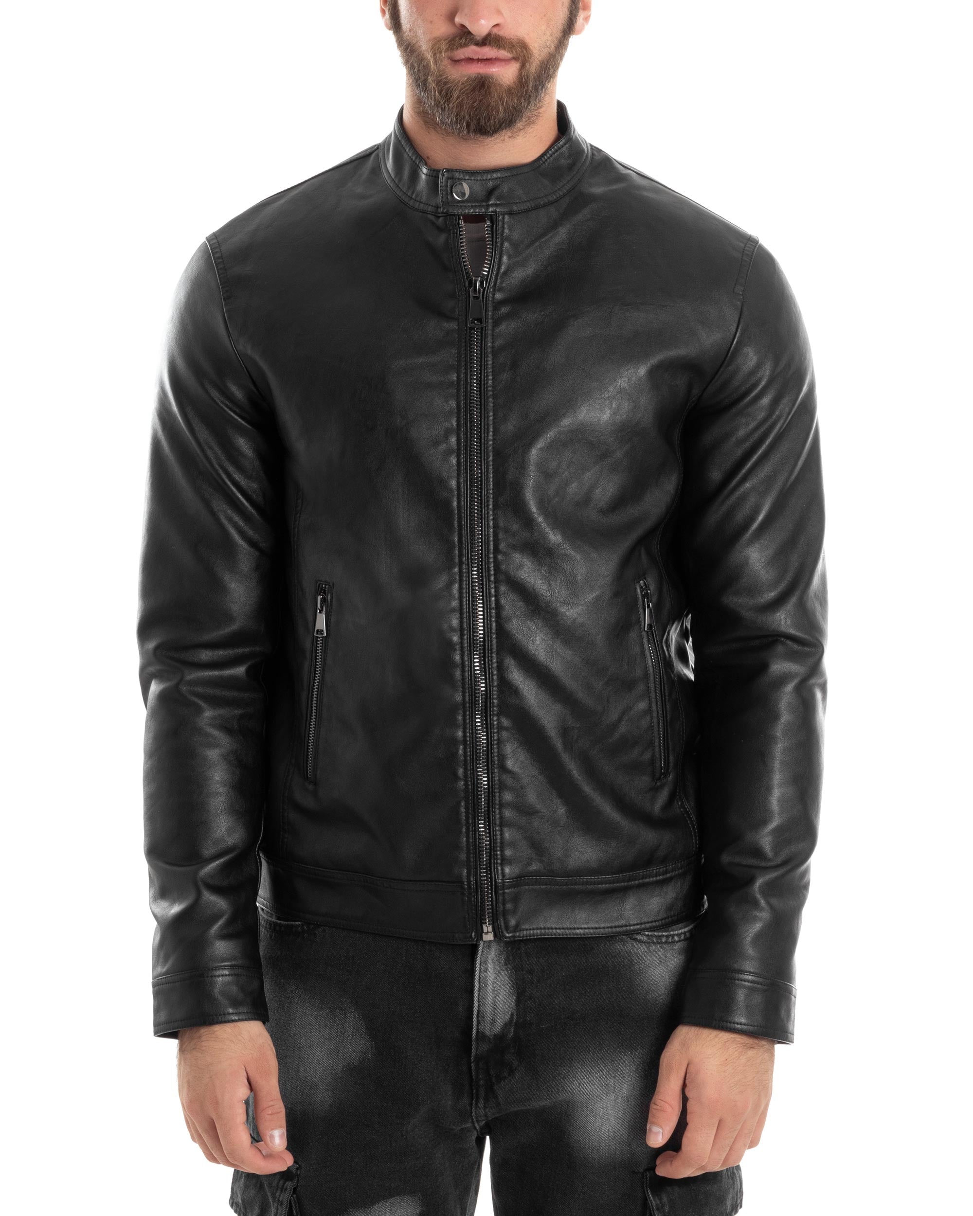 Giubbotto Uomo College Ecopelle Casual Biker Imbottito Caldo Tinta Unita Nero GIOSAL-G3260A