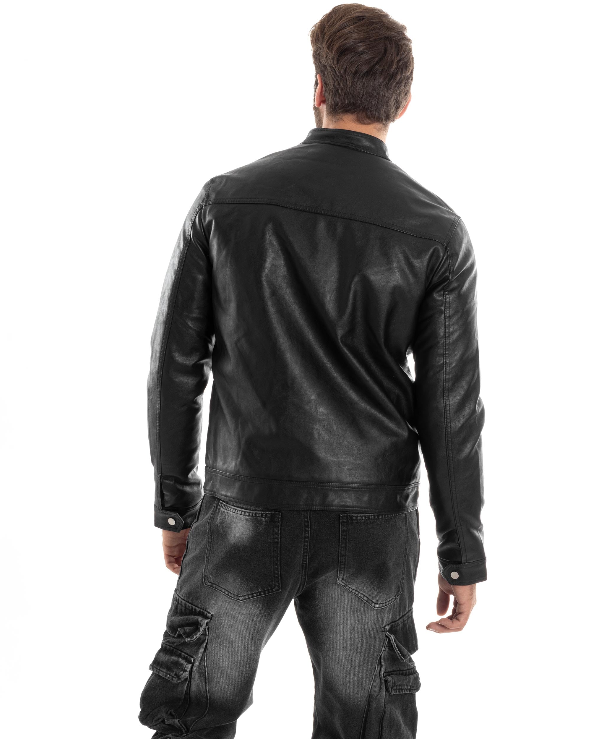 Giubbotto Uomo College Ecopelle Casual Biker Imbottito Caldo Tinta Unita Nero GIOSAL-G3260A