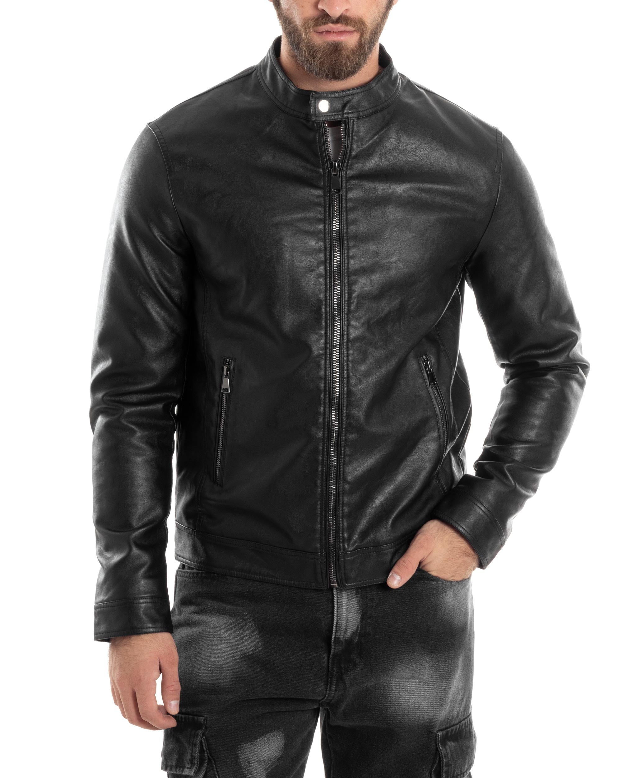 Giubbotto Uomo College Ecopelle Casual Biker Imbottito Caldo Tinta Unita Nero GIOSAL-G3260A