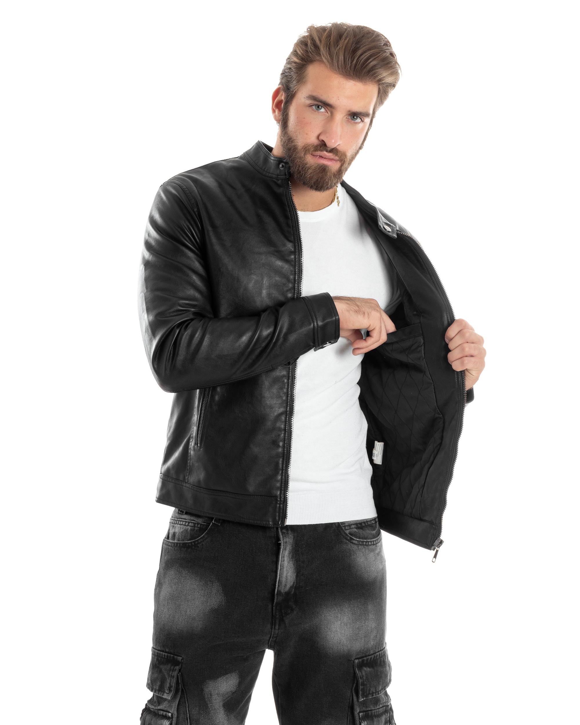 Giubbotto Uomo College Ecopelle Casual Biker Imbottito Caldo Tinta Unita Nero GIOSAL-G3260A