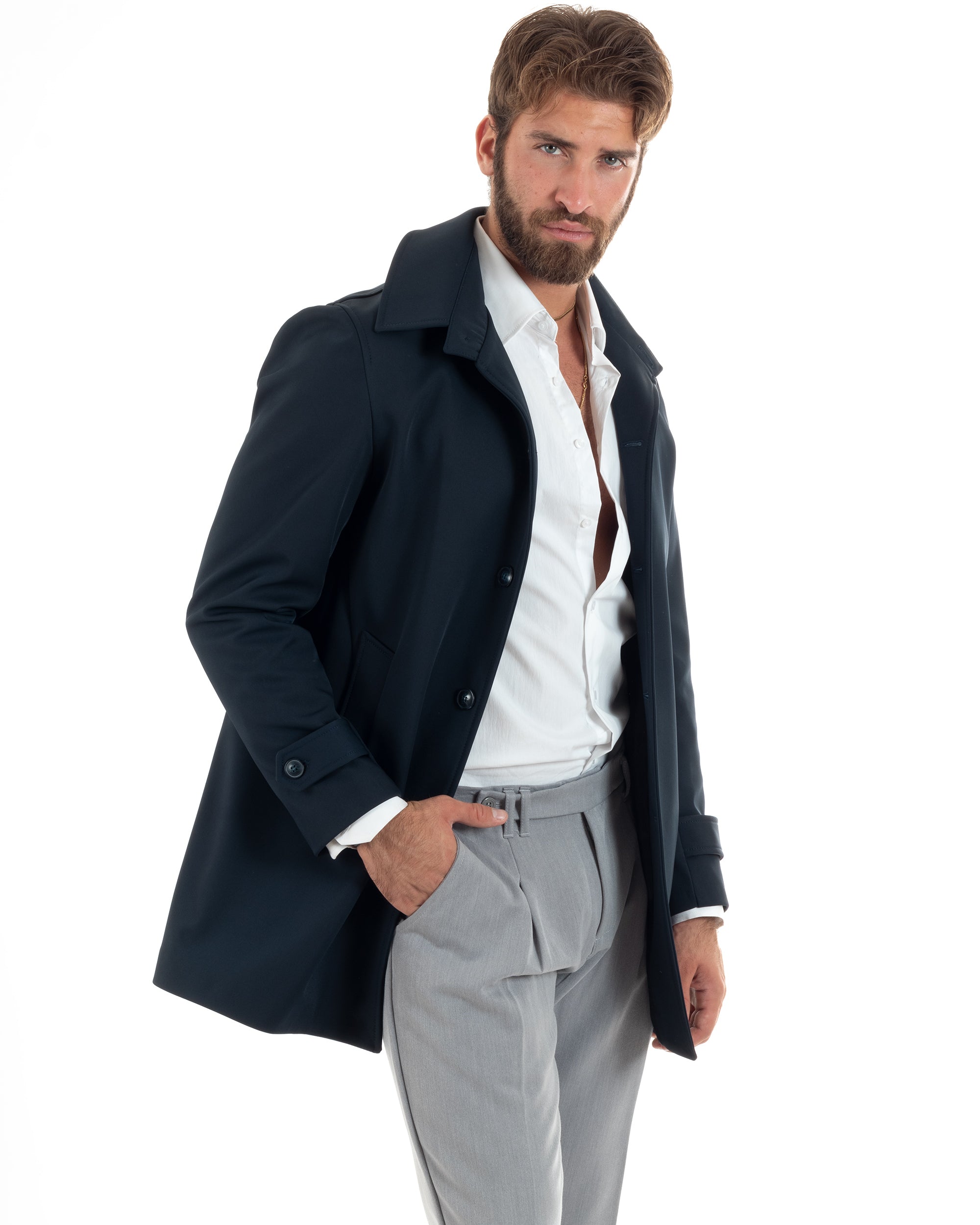 Giubbotto Uomo Imbottito Trench Lungo Con Colletto Basic Giaccone Caldo Tessuto Impermeabile Casual Tinta Unita Blu GIOSAL-G3267A